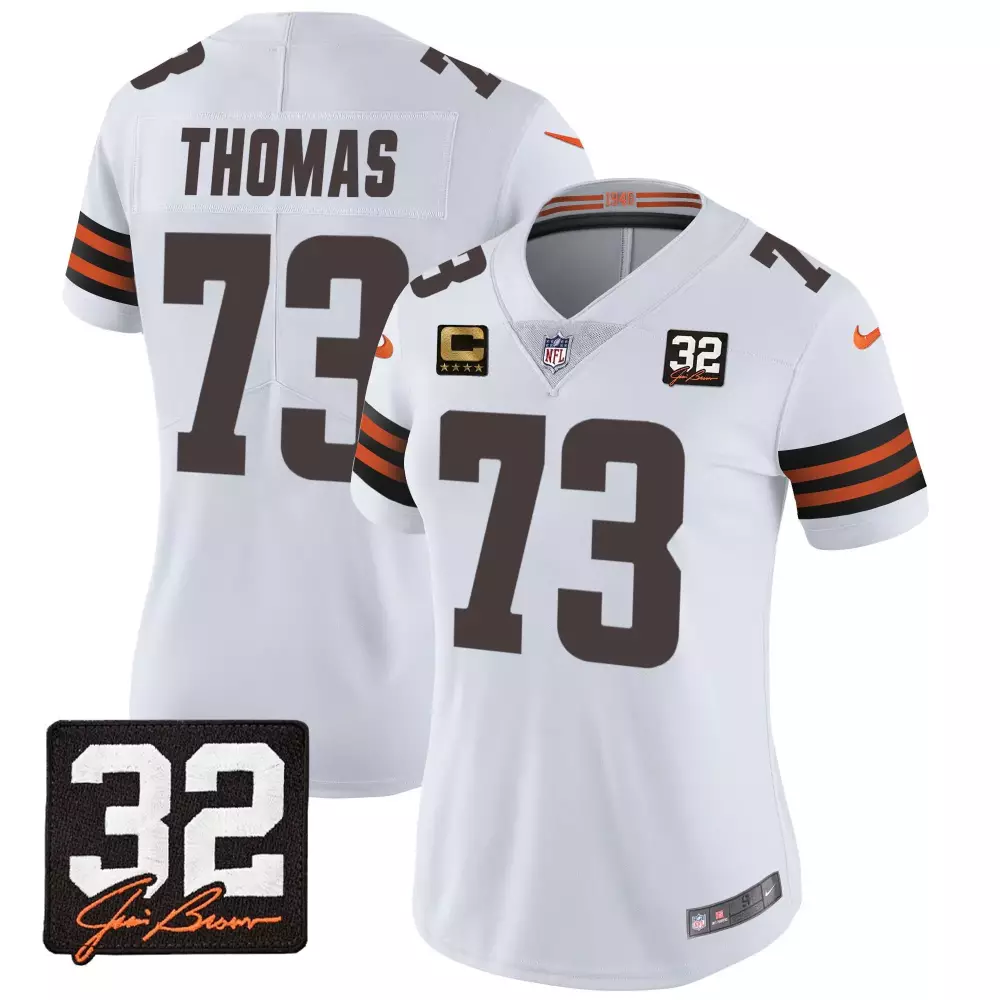 joe thomas white womens cleveland browns 32 jim brown memorial patch gold trim jersey all stitched