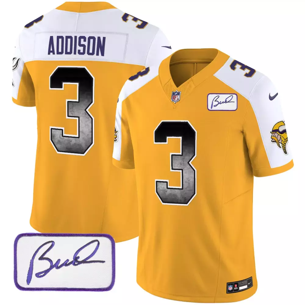 Jordan Addison Gold Alternate Men's Minnesota Vikings Jersey | Bud Grant Patch | Arch Smoke Vapor All Stitched for Game Day