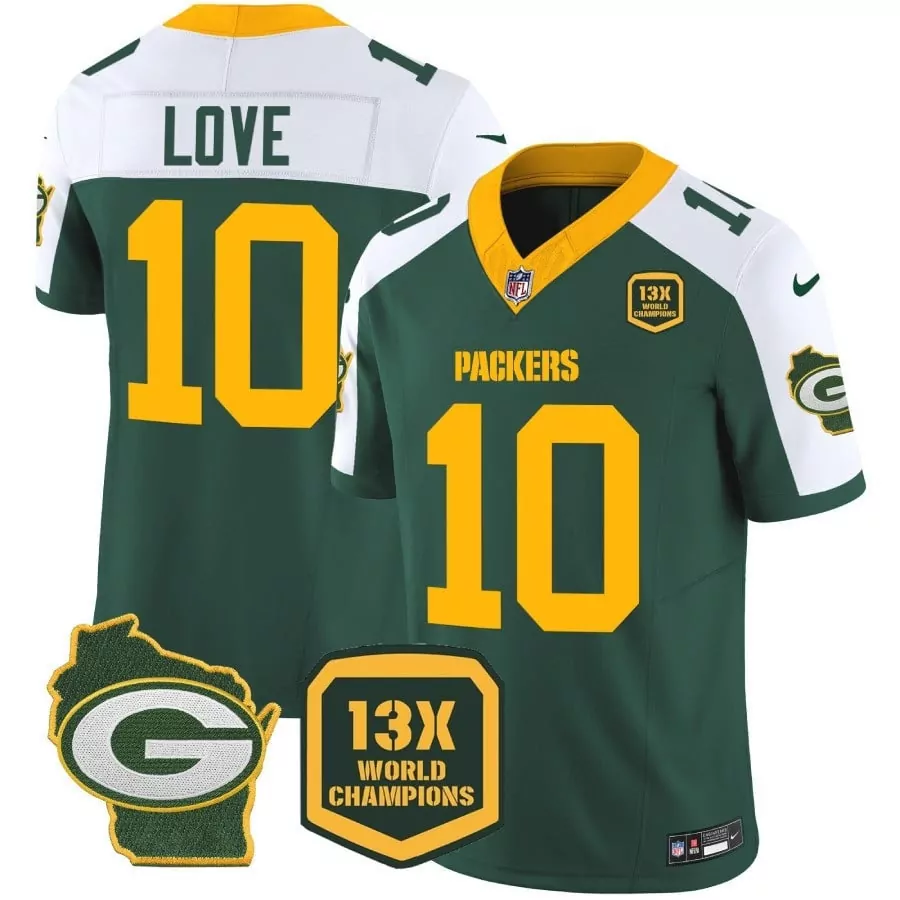 jordan love alternate mens green bay packers 13 time world champions home patch vapor jersey all stitched