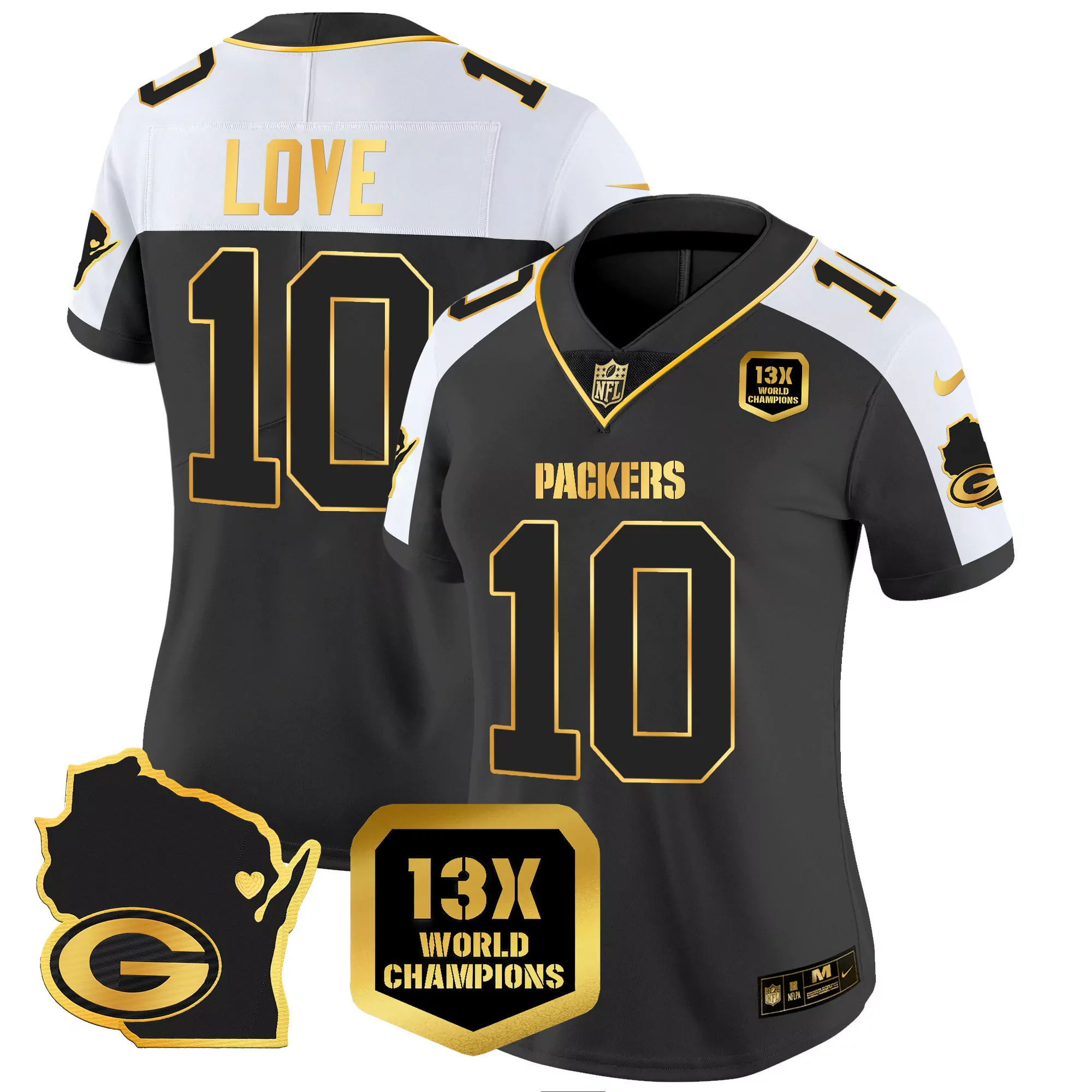 jordan love alternate womens green bay packers 13 time world champions home patch gold vapor jersey v2 all stitched