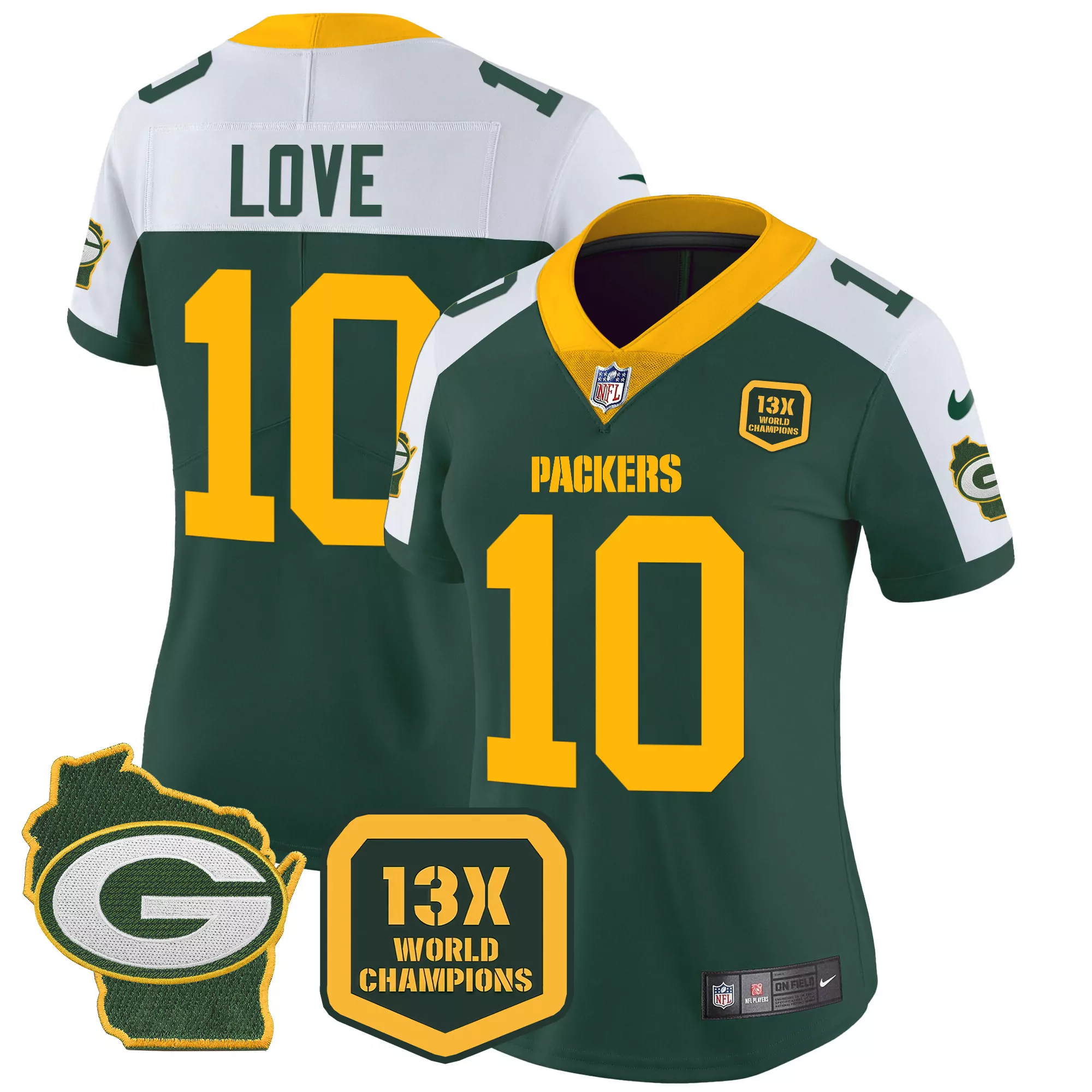 jordan love alternate womens green bay packers 13 time world champions home patch gold vapor jersey v2 all stitched