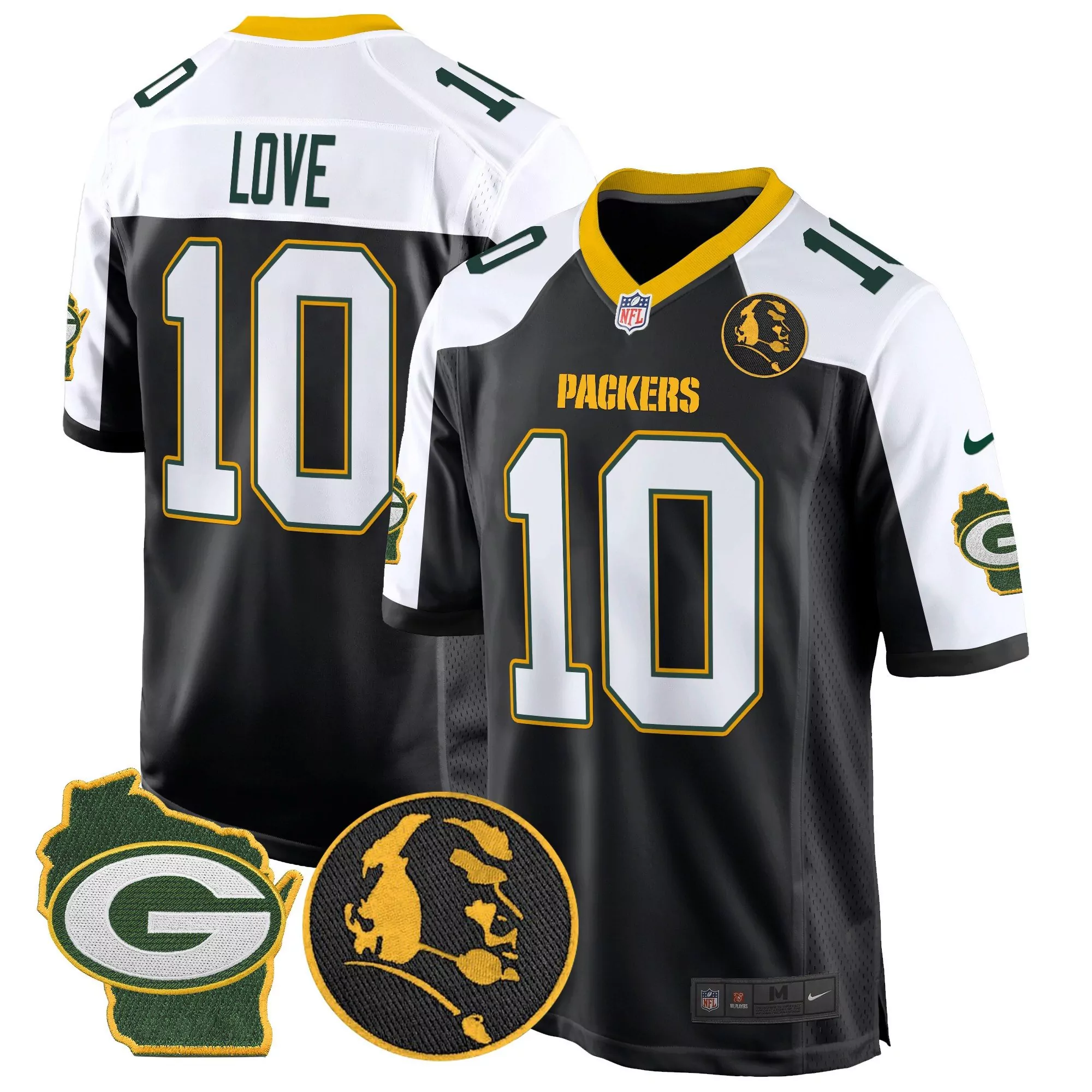 jordan love black alternate mens green bay packers john madden home patch game jersey all stitched