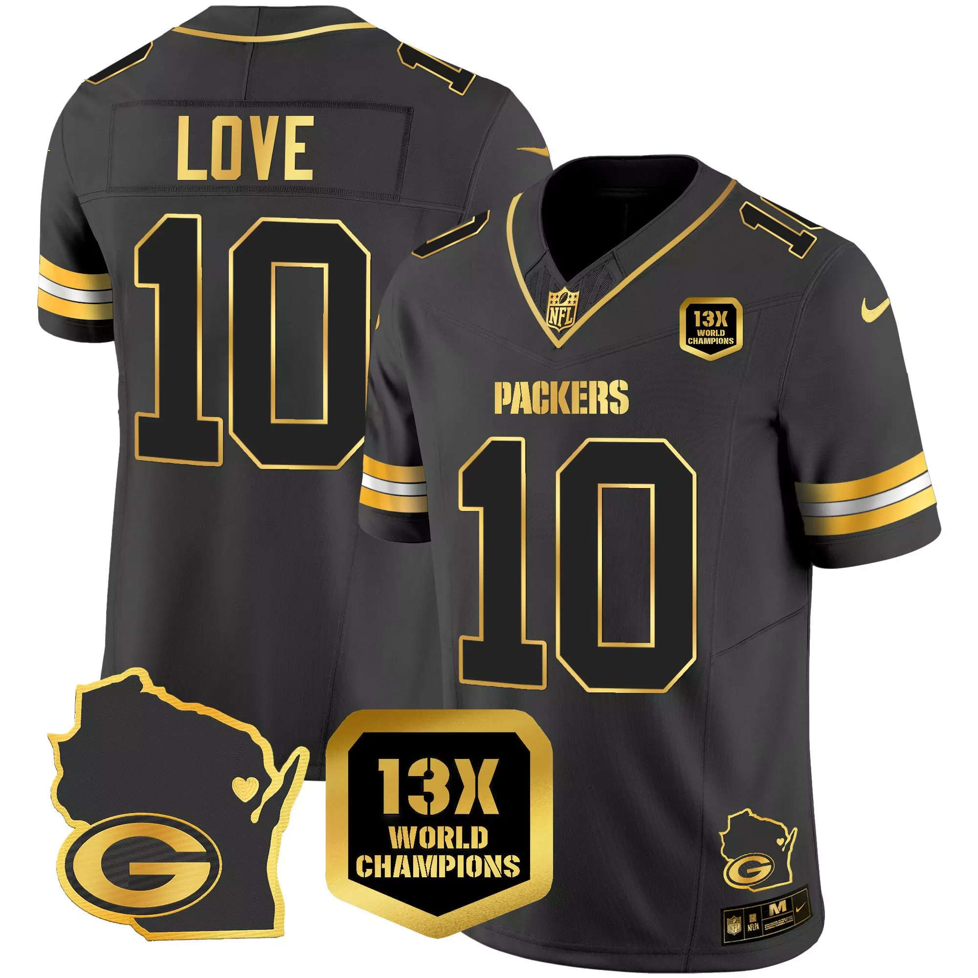 jordan love black gold mens green bay packers 13 time world champions home patch gold vapor jersey v2 all stitched
