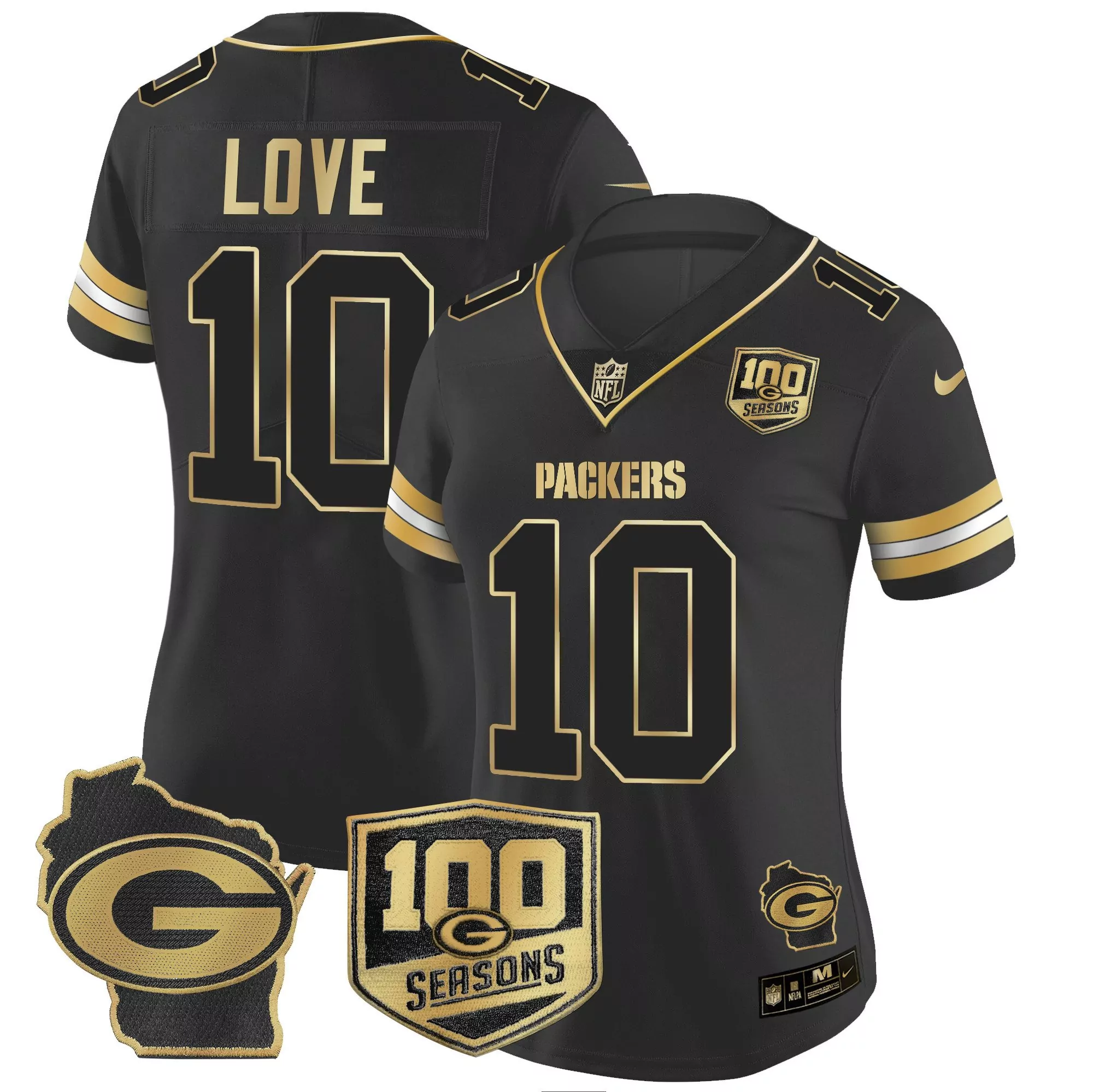 jordan love black gold womens green bay packers 100th season home patch gold vapor limited jersey all stitched