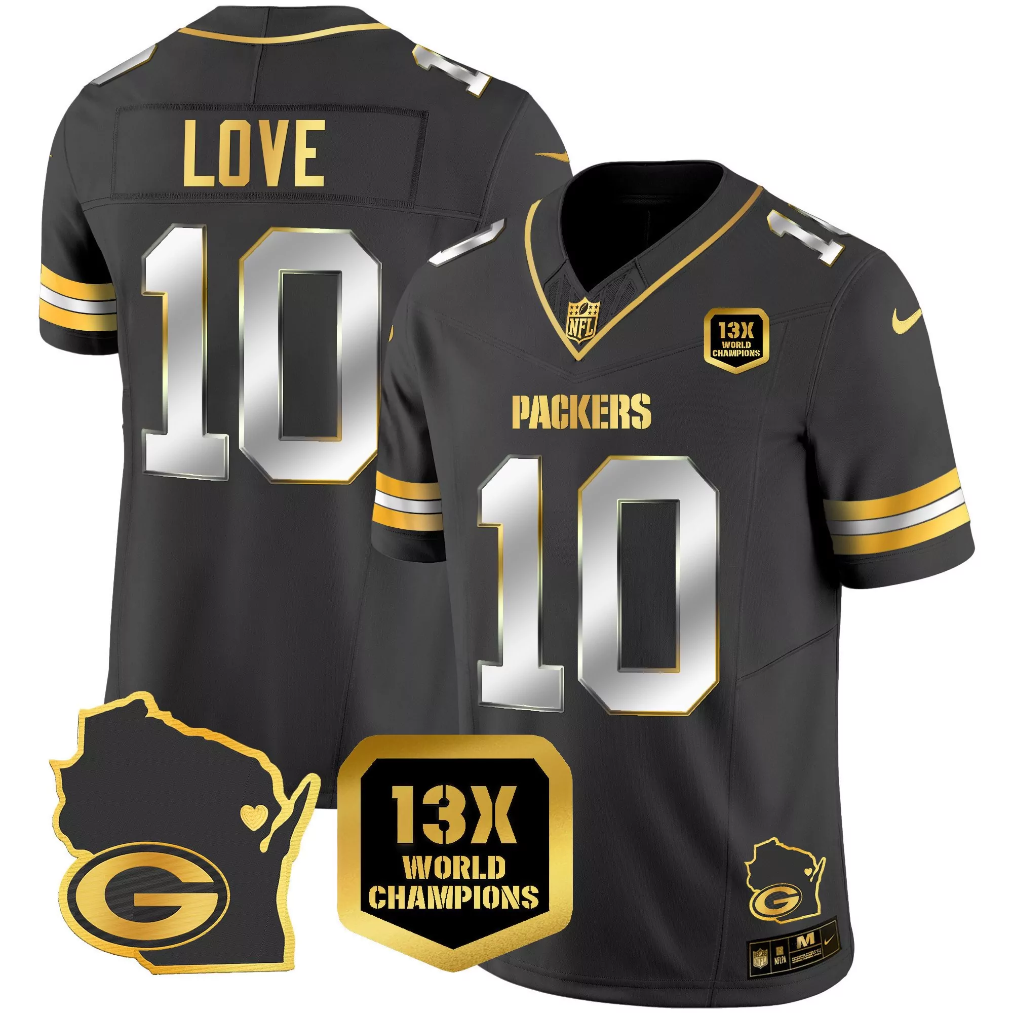 jordan love black limited mens green bay packers 13 time world champions home patch gold vapor jersey v2 all stitched