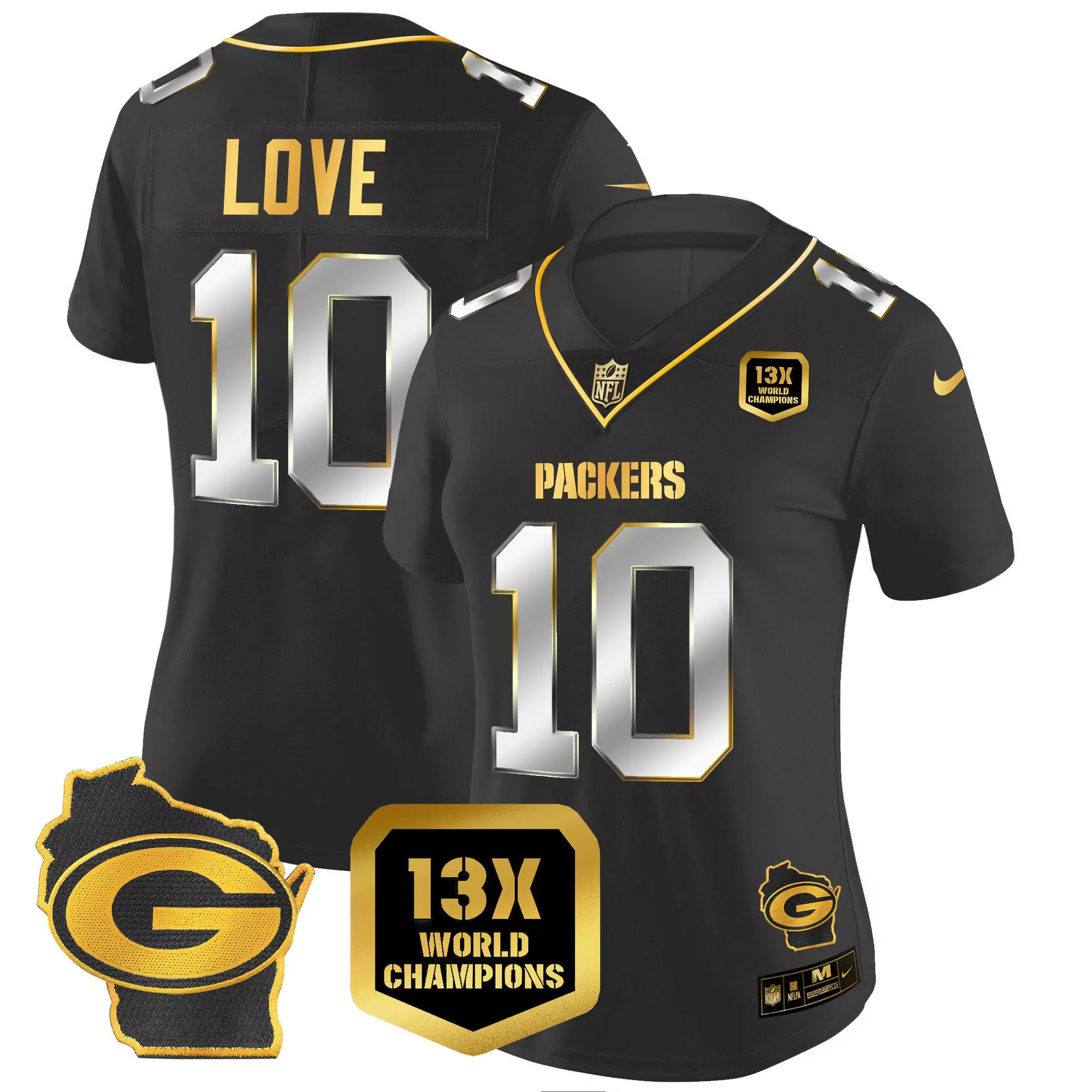 jordan love black limited womens green bay packers 13 time world champions home patch gold vapor jersey v2 all stitched