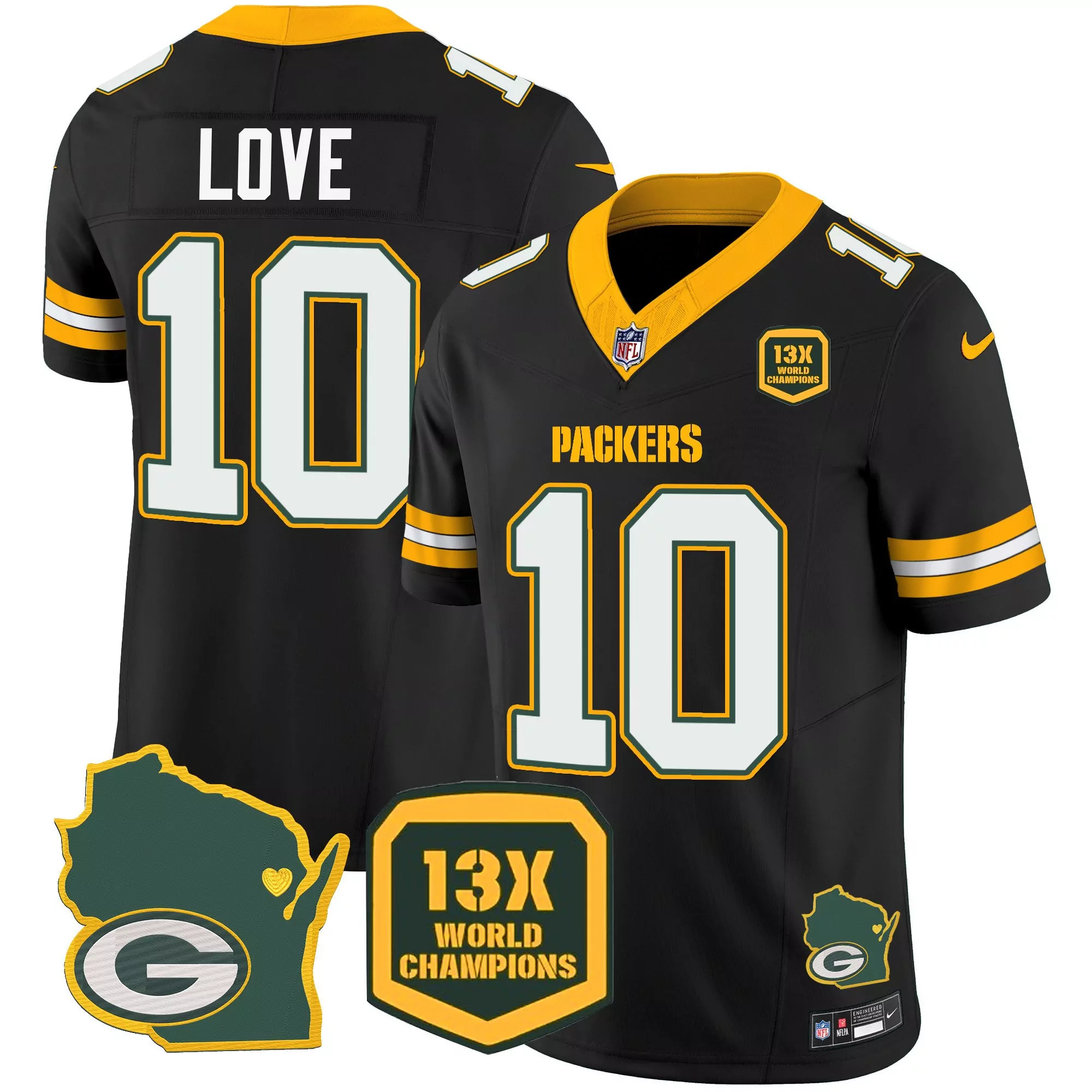 jordan love black mens green bay packers 13 time world champions home patch vapor jersey v2 all stitched