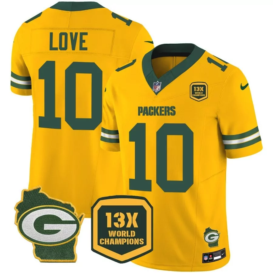 jordan love gold mens green bay packers 13 time world champions home patch vapor jersey all stitched