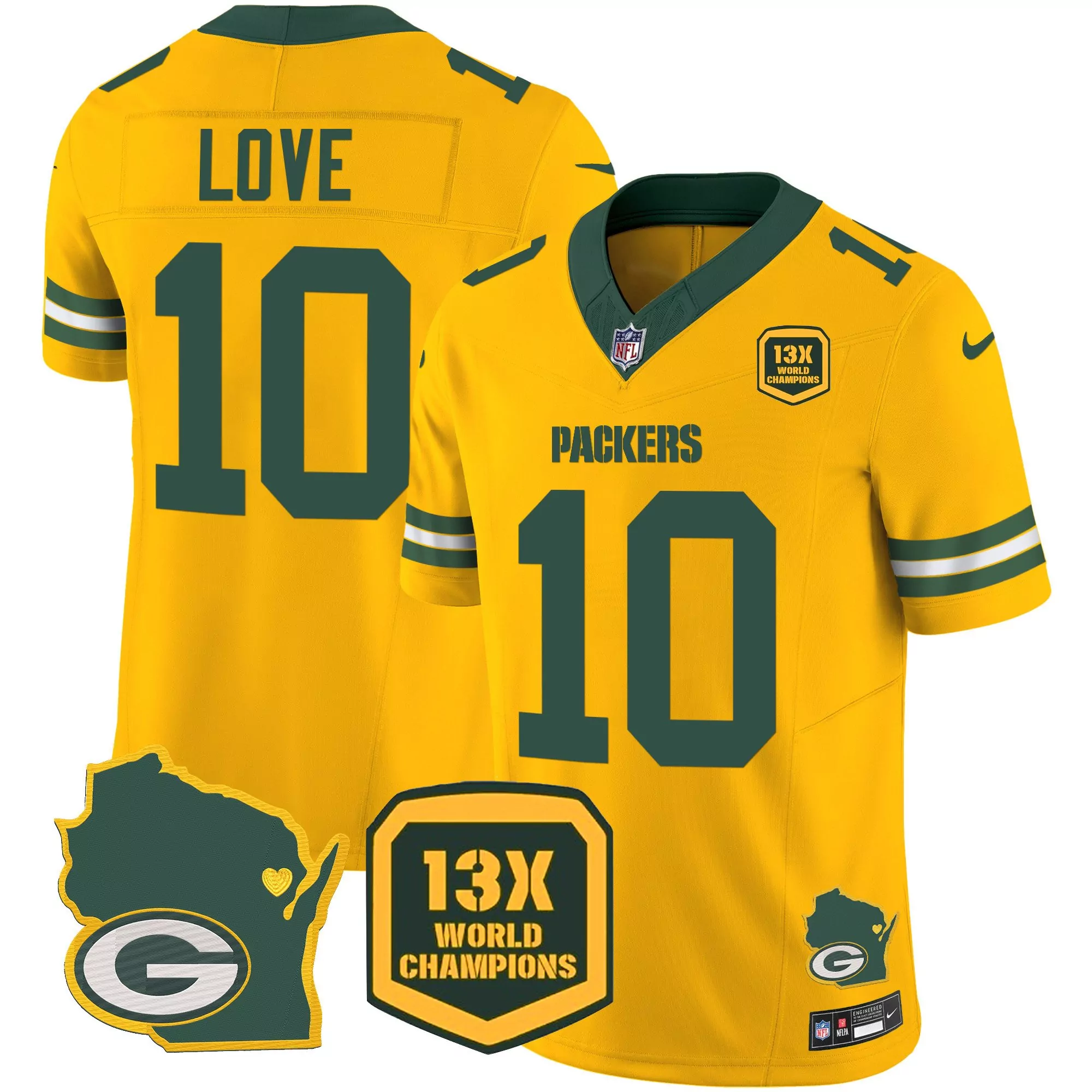 jordan love gold mens green bay packers 13 time world champions home patch vapor jersey all stitched