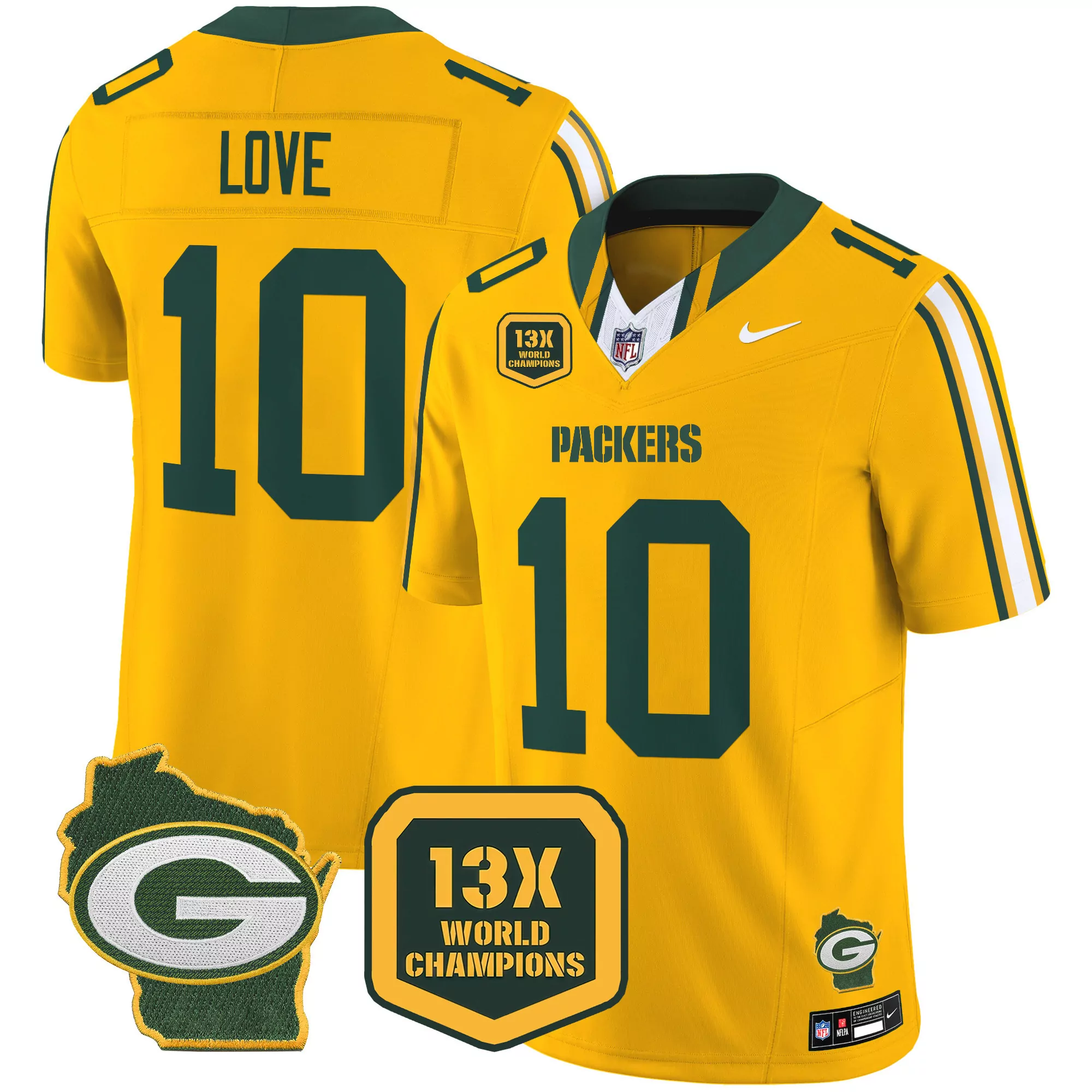 jordan love gold mens green bay packers 13 time world champions home patch vapor jersey all stitched
