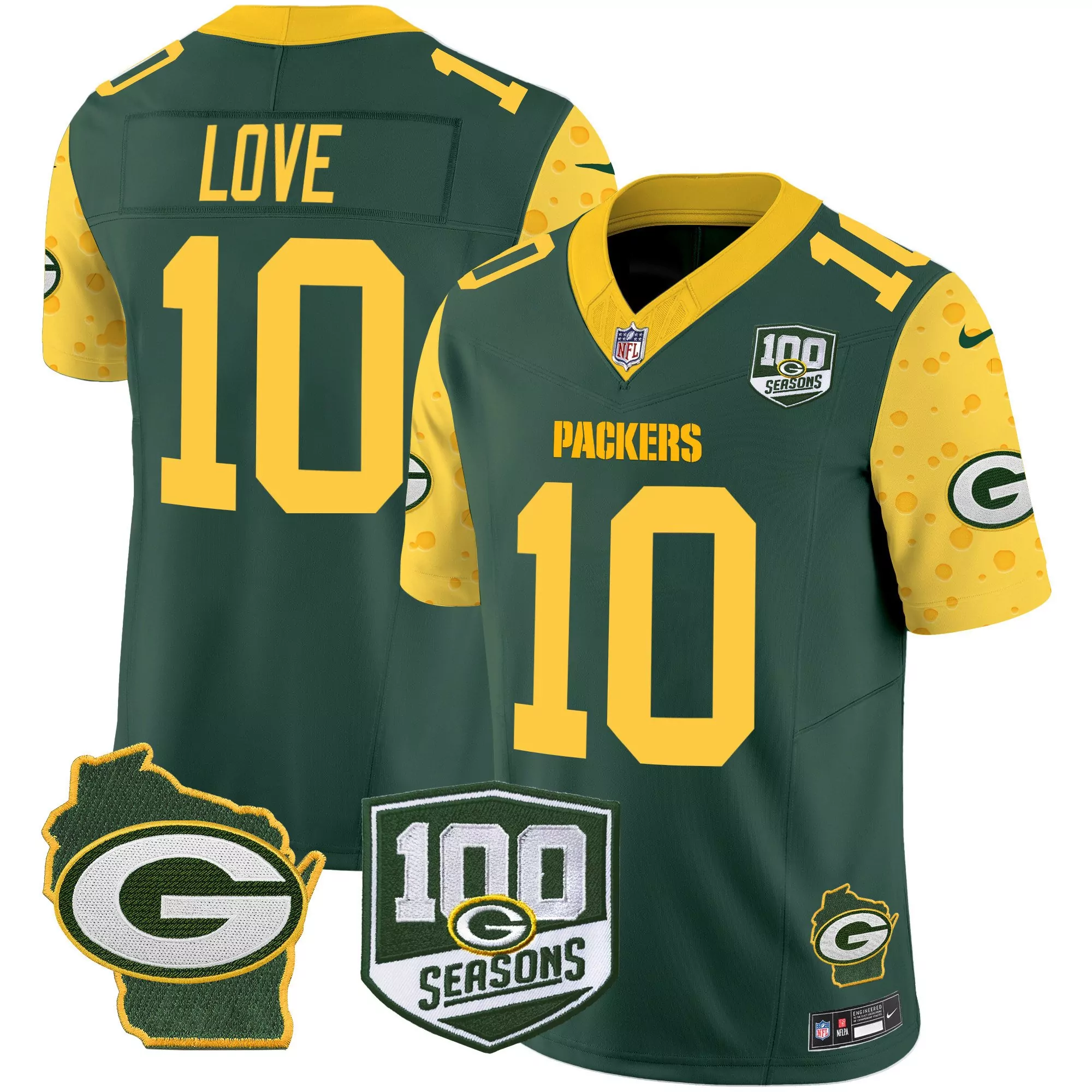jordan love green alternate mens green bay packers 100th season home patch vapor limited jersey all stitched