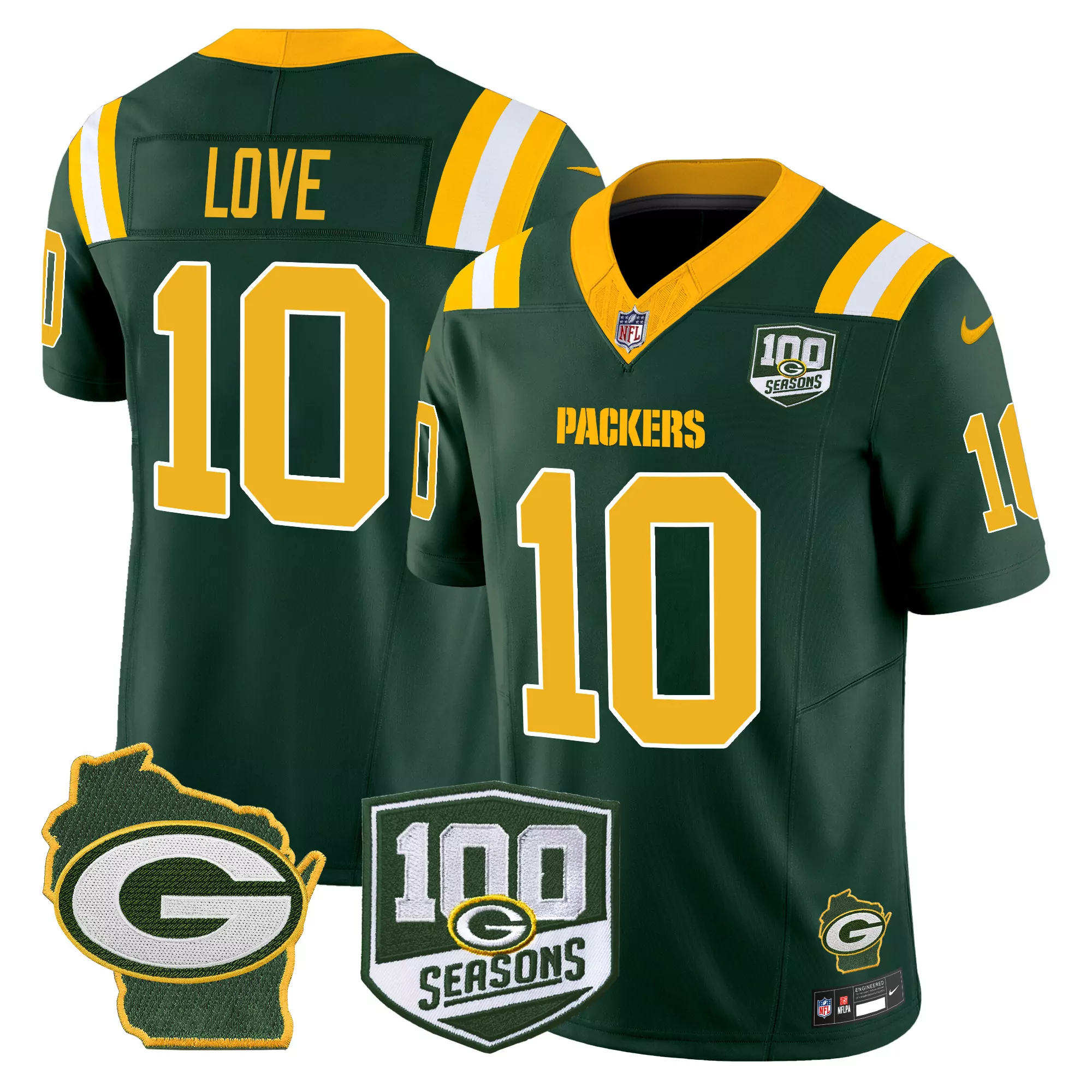 jordan love green alternate mens green bay packers 100th season home patch vapor limited jersey all stitched