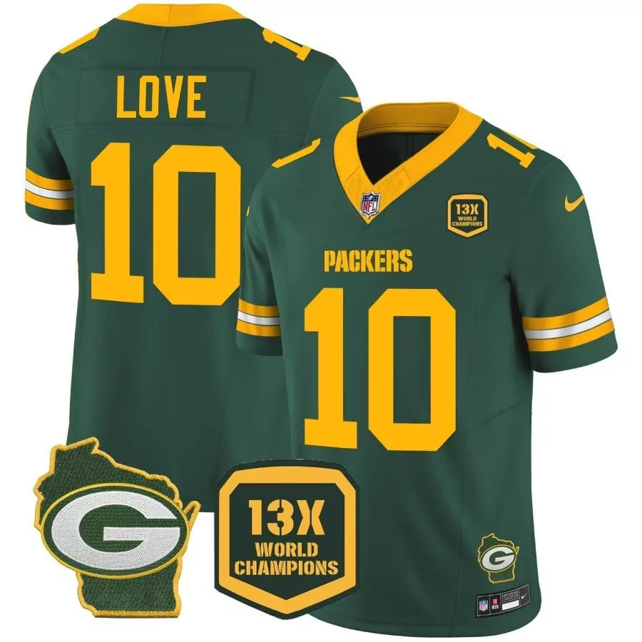 jordan love green mens green bay packers 13 time world champions home patch vapor jersey all stitched