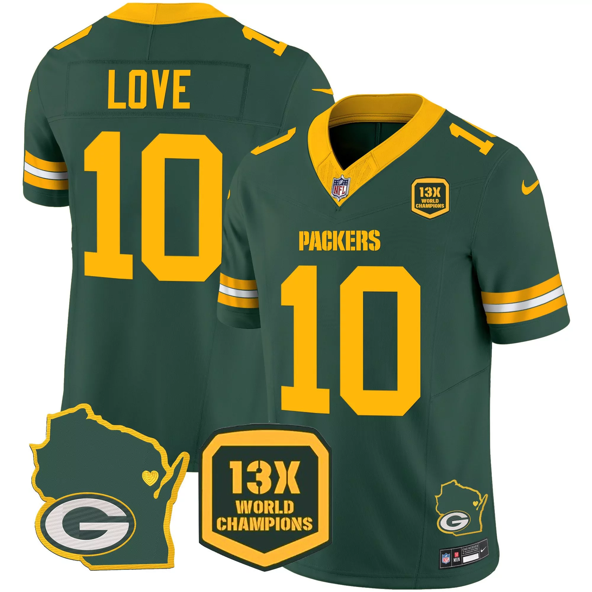 jordan love green mens green bay packers 13 time world champions home patch vapor jersey all stitched