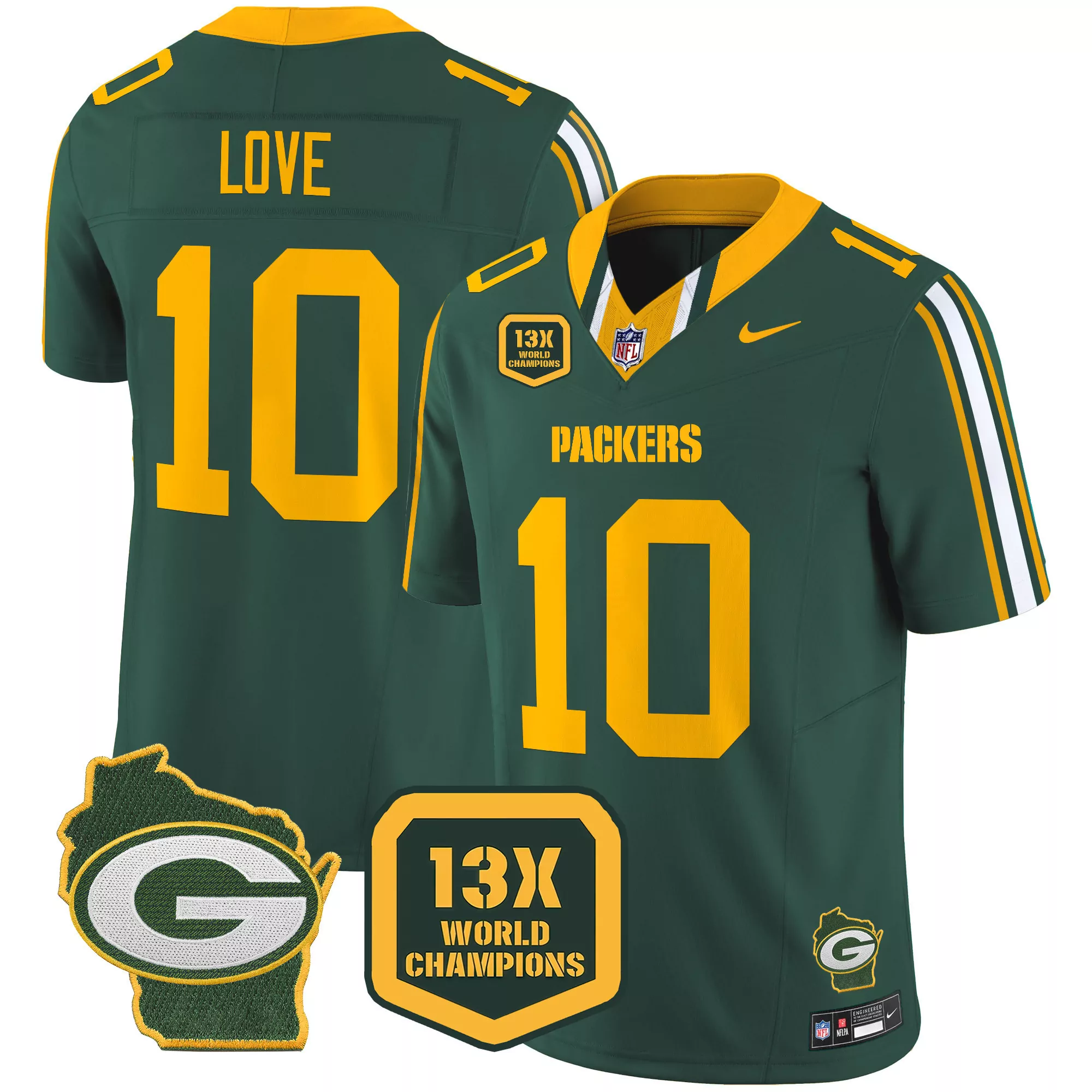 jordan love green mens green bay packers 13 time world champions home patch vapor jersey all stitched