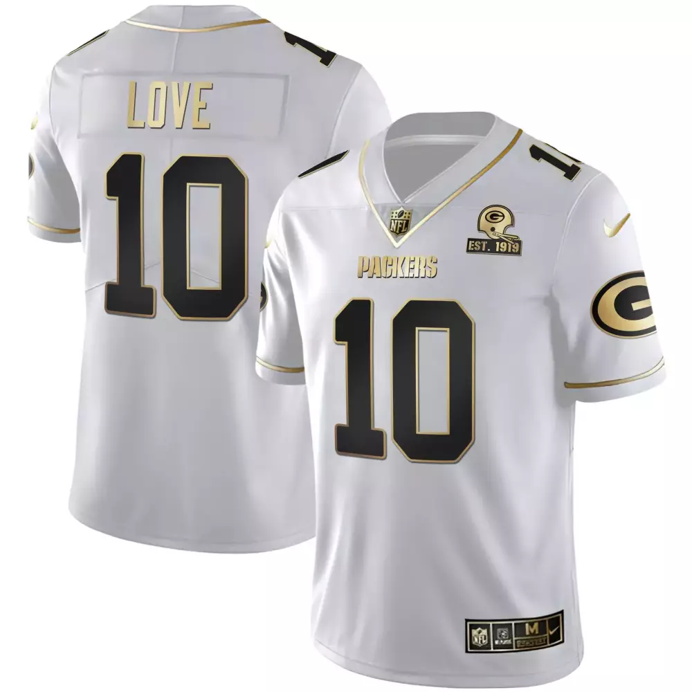Jordan Love Green Bay Packers White Gold Jersey Est 1919 Patch | All Stitched | Limited Edition Fan Gear | For Men, Women & Youth