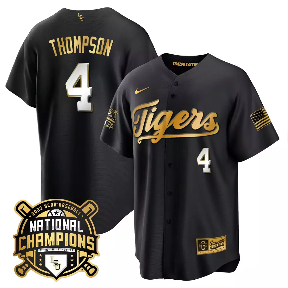 jordan thompson black limited mens lsu tigers 2023 national champions gold cool jersey v2 all stitched