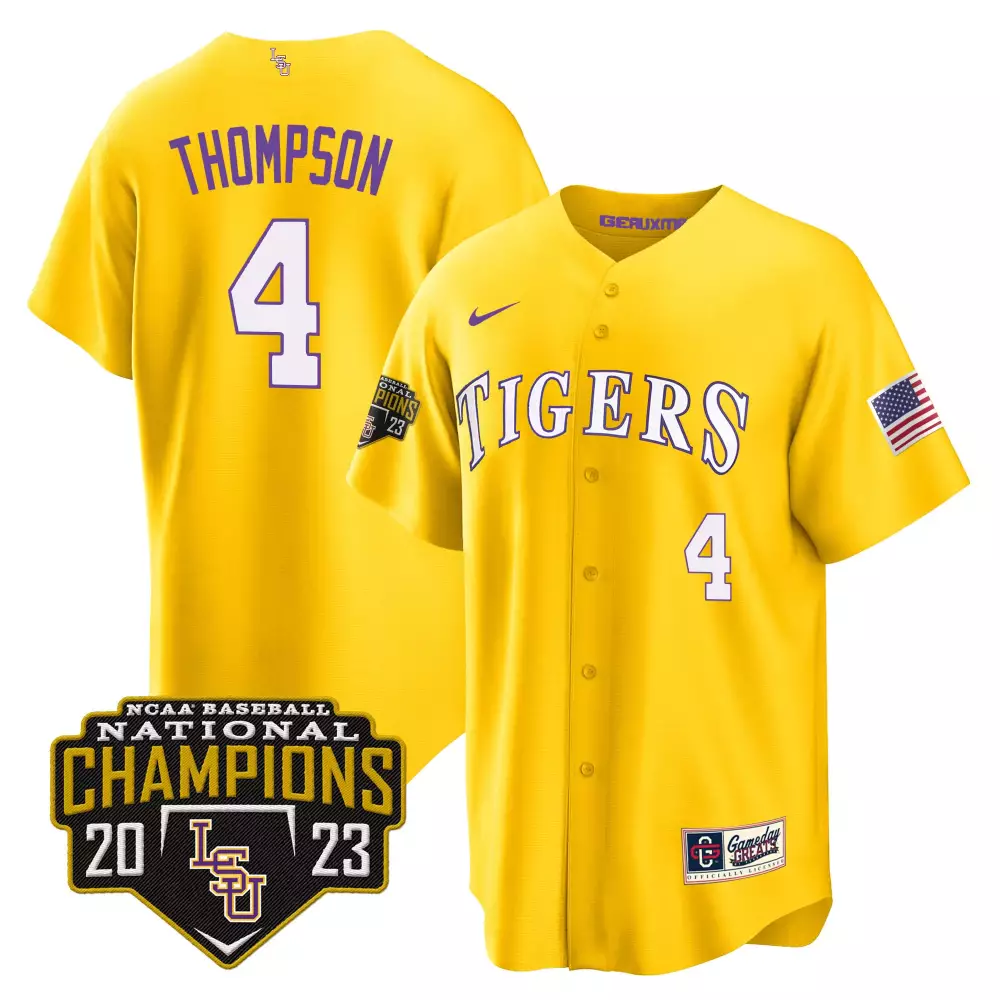 jordan thompson gold mens lsu tigers 2023 national champions gold cool jersey v5 all stitched