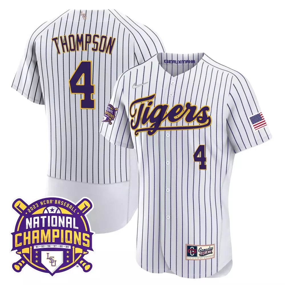 jordan thompson pinstripe mens lsu tigers 2023 national champions gold flex jersey all stitched