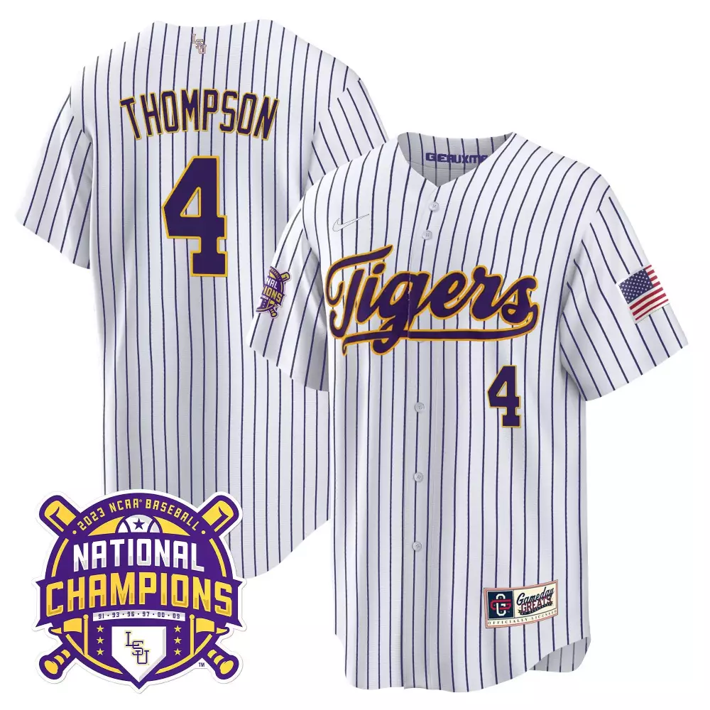 jordan thompson pinstripe youths lsu tigers 2023 national champions gold cool jersey v2 all stitched