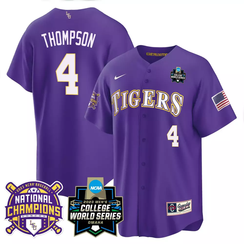 jordan thompson purple mens lsu tigers 2023 national champions gold cool jersey v3 all stitched