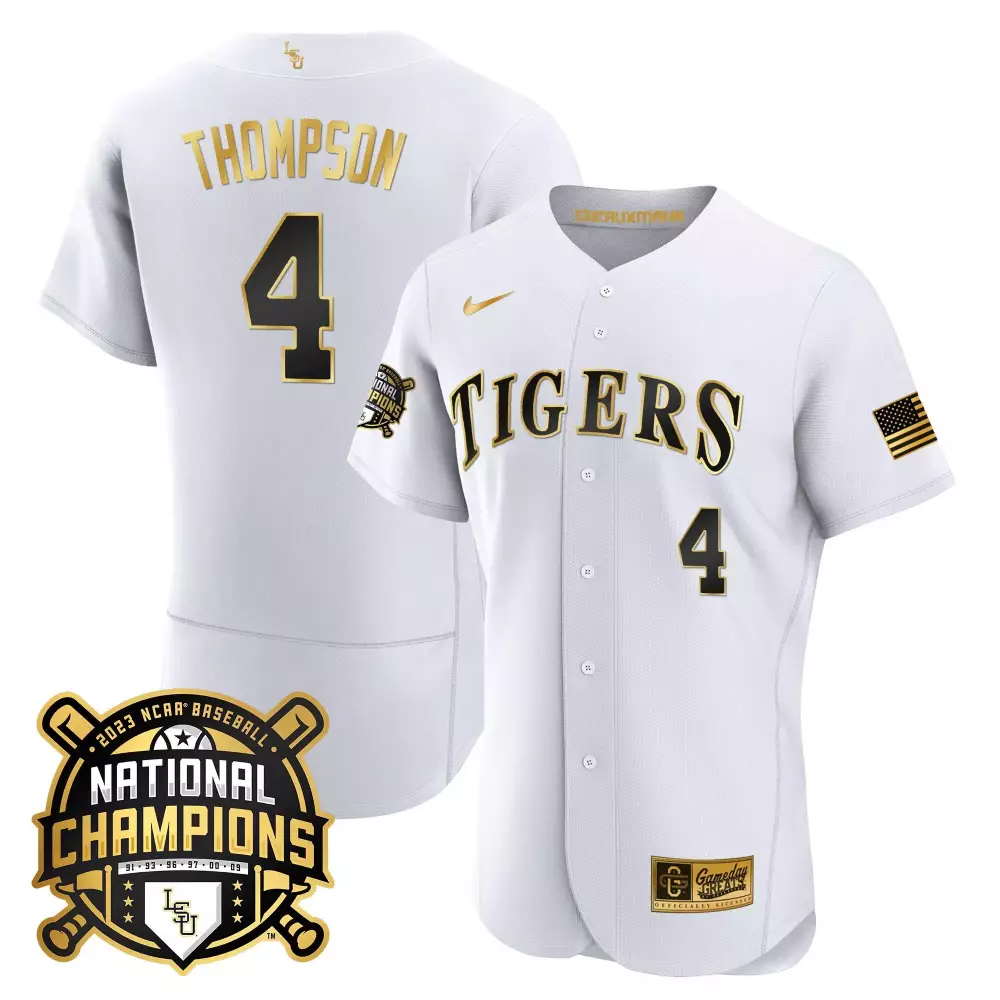 jordan thompson white gold mens lsu tigers 2023 national champions gold flex jersey all stitched