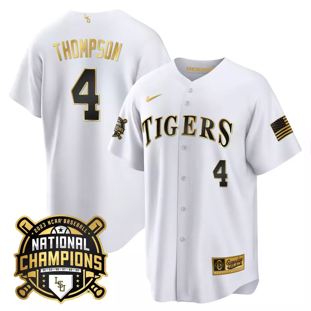 jordan thompson white gold youths lsu tigers 2023 national champions gold cool jersey all stitched