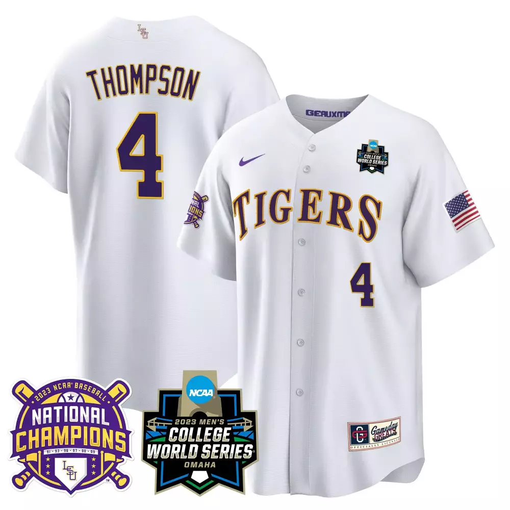 jordan thompson white mens lsu tigers 2023 national champions gold cool jersey v3 all stitched