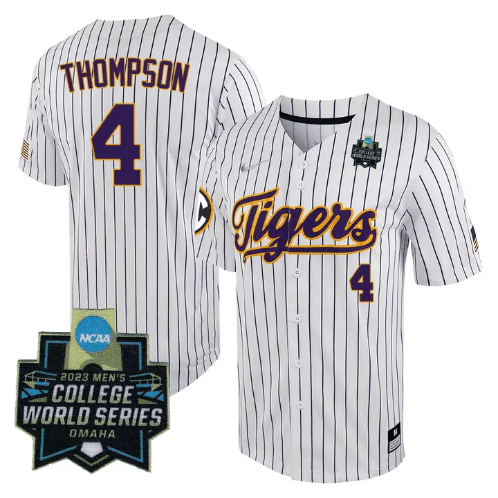 jordan thompson white mens lsu tigers college baseball world series jersey all stitched