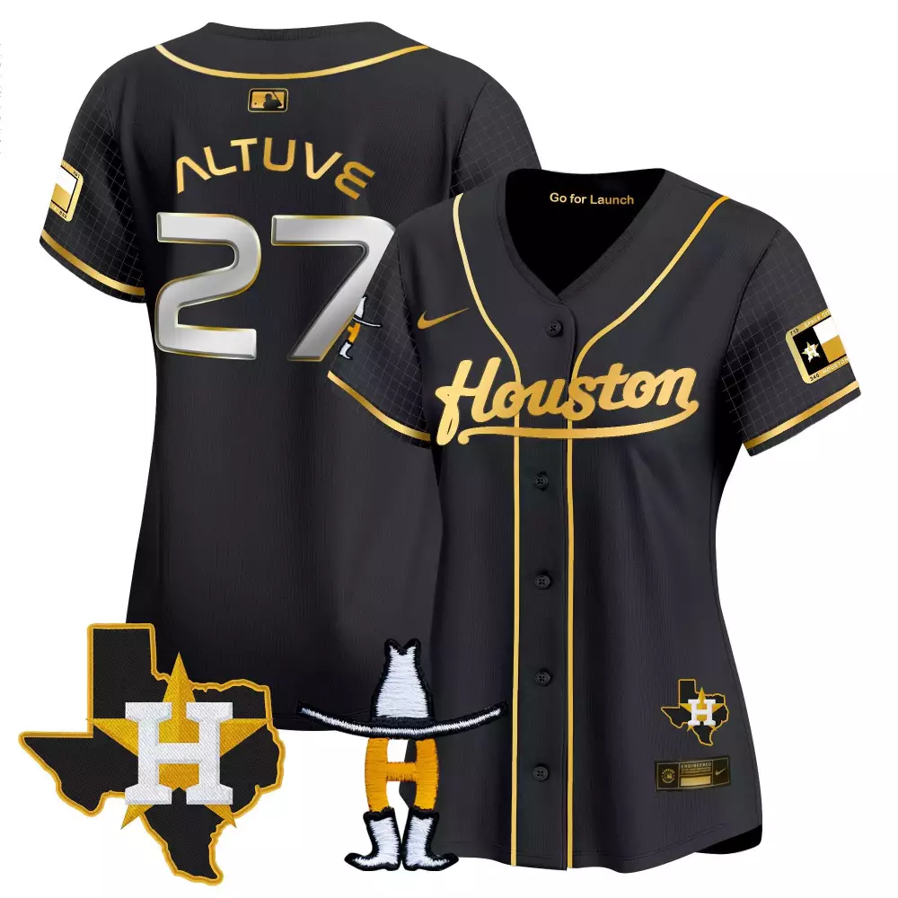 Jose Altuve Women's 2024 Space City & Rodeo Patch Jersey | Black Gold Stitched | Limited Edition Fan Gear | For Men, Women & Youth