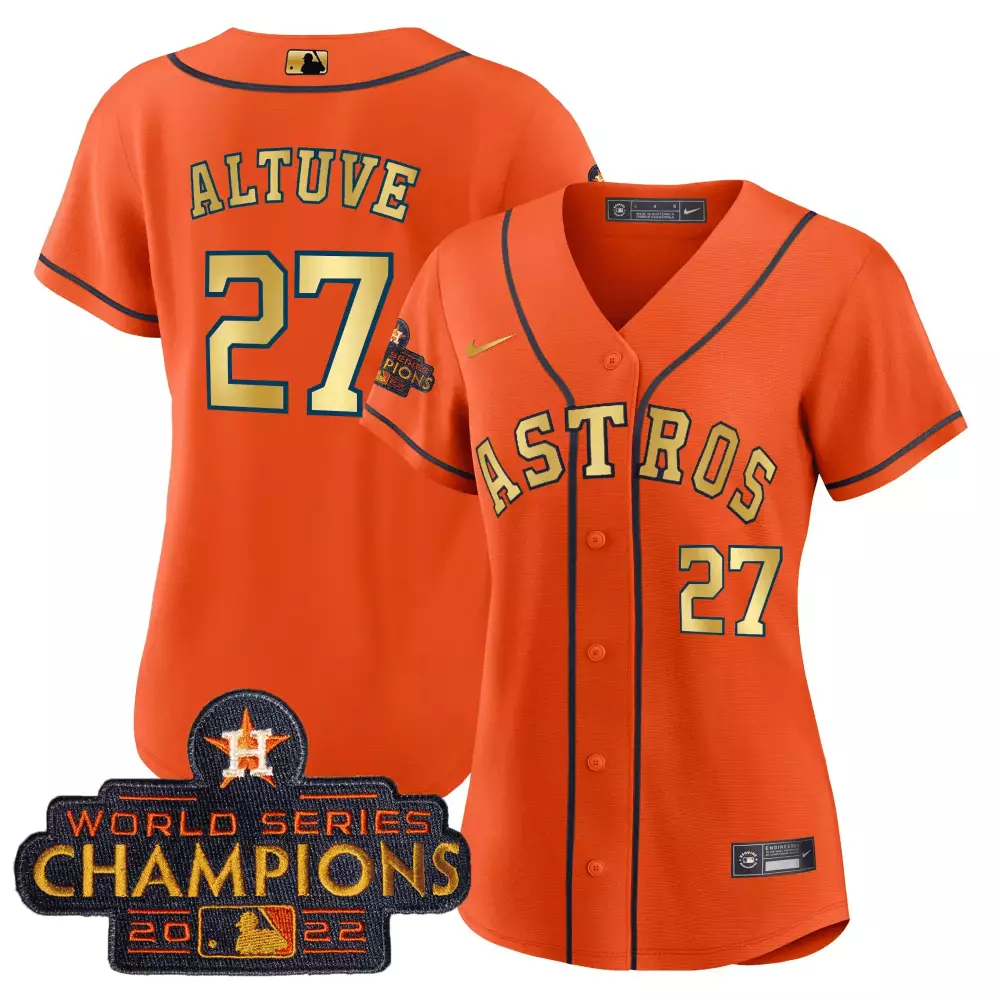 Jose Altuve Houston Astros 2023 Champions Orange Gold Jersey | Cool Base | All Stitched Fan Gear for Men, Women & Youth