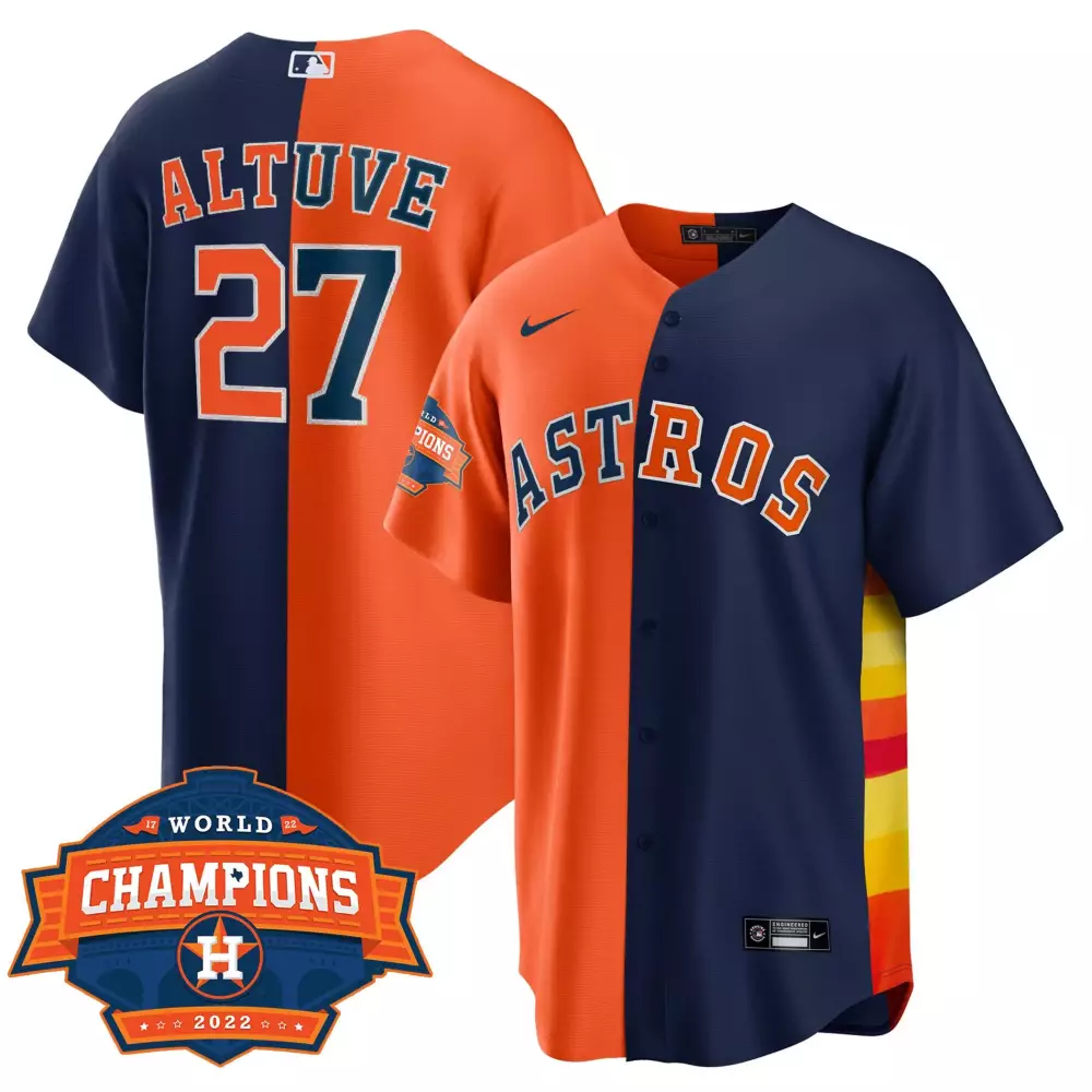 Jose Altuve Houston Astros 2025 Orange Navy Cool Base Split 2022 Champions Jersey | All Stitched Fan Gear | For Men, Women & Youth