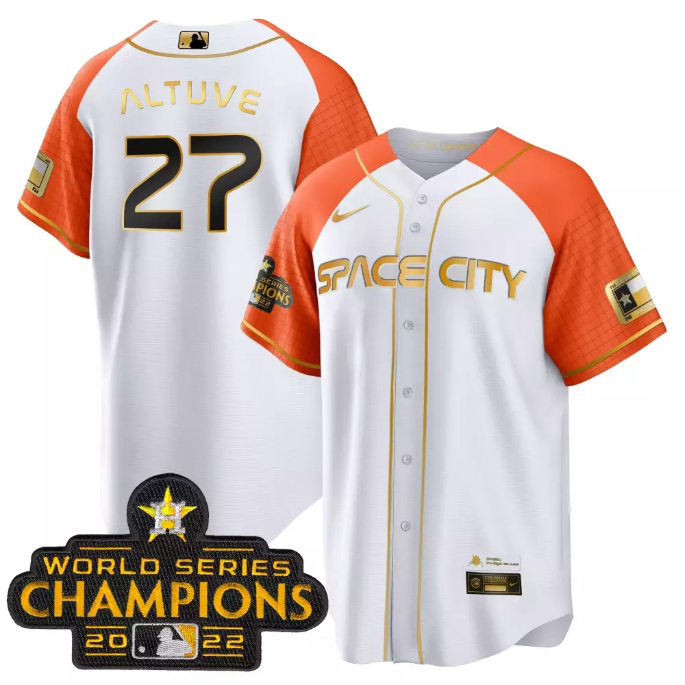 Jose Altuve 2023 Space City Champions Jersey | White Gold Stitched | Limited Edition Fan Gear | For Men, Women & Youth