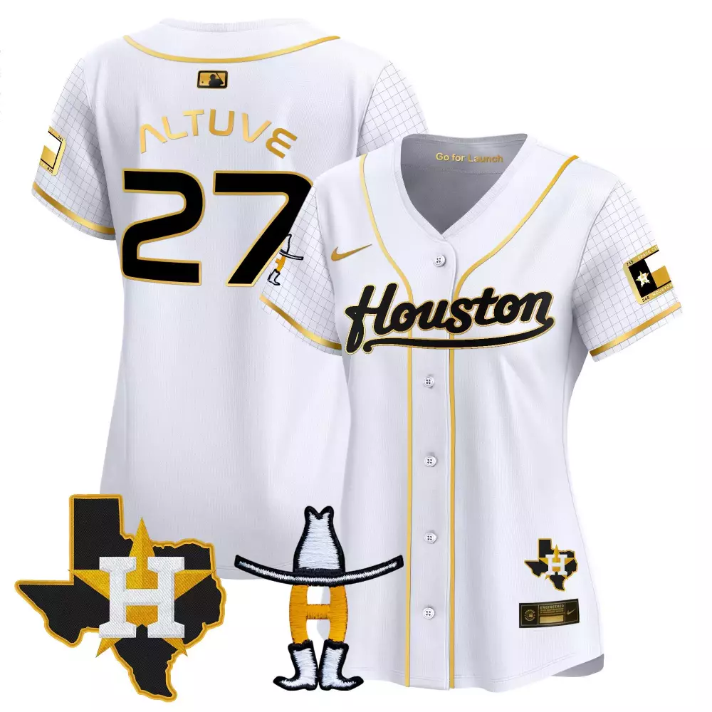 Jose Altuve 2024 Space City Rodeo Patch Jersey | White Gold Stitched | Limited Edition Fan Gear | For Women