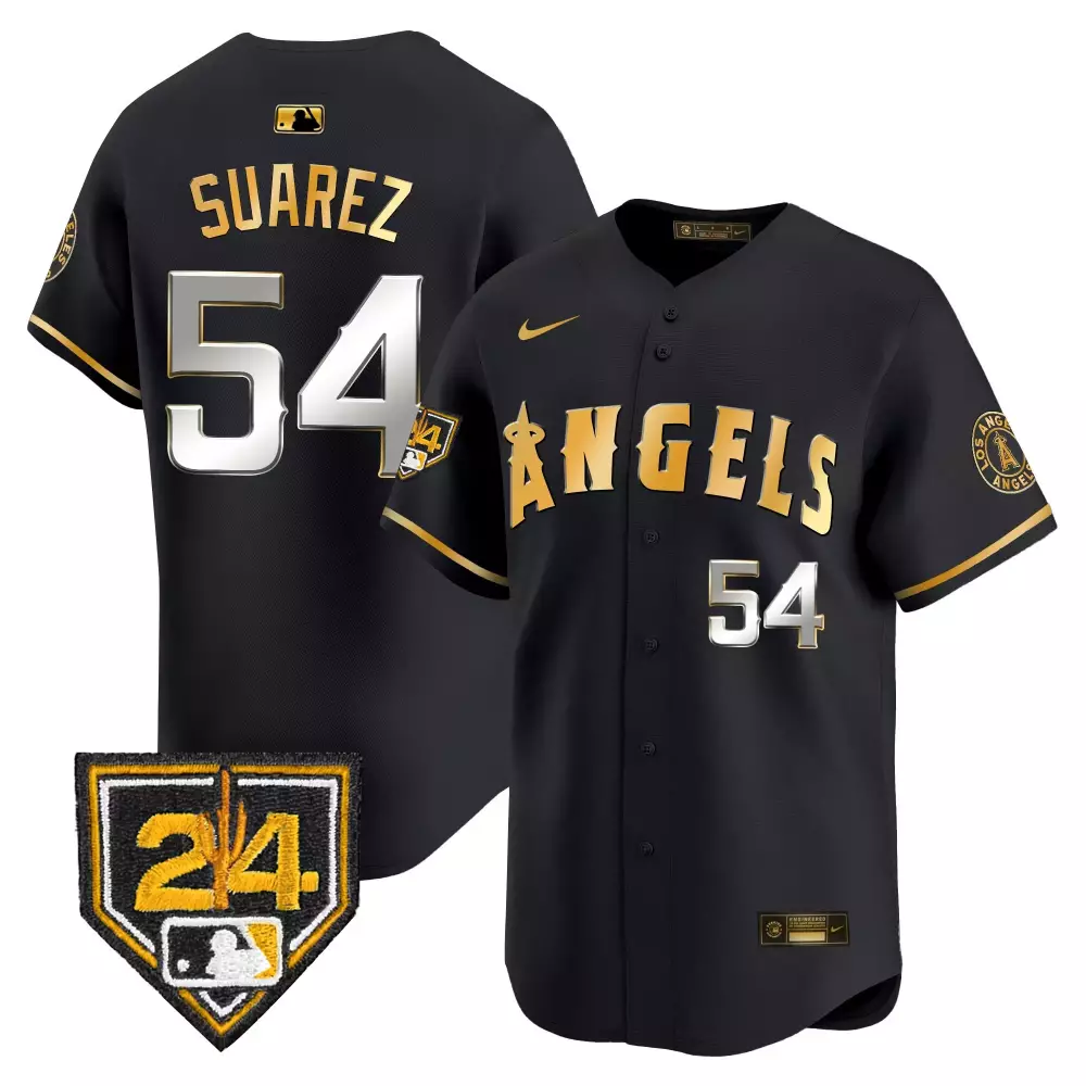 jose suarez black gold mens los angeles angels 2024 spring training patch vapor premier limited jersey all stitched