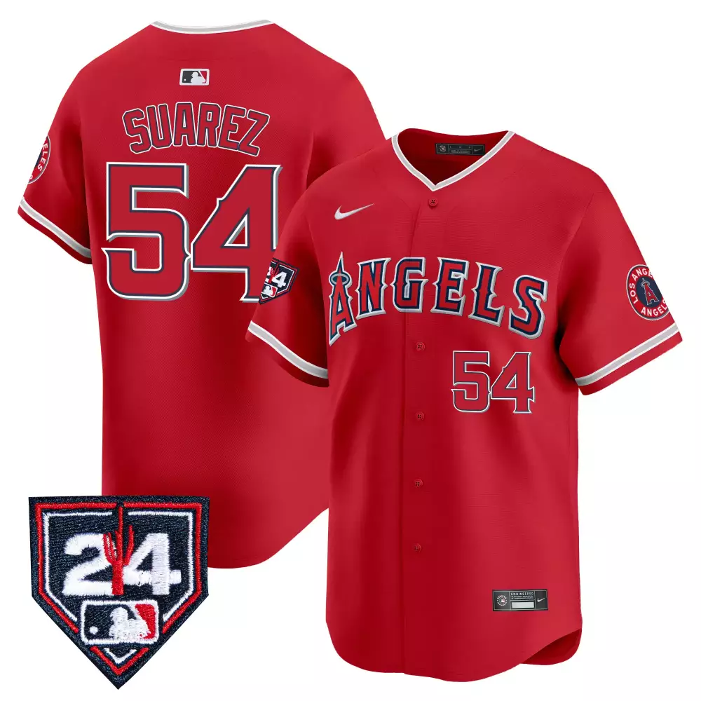 jose suarez red mens los angeles angels 2024 spring training patch vapor premier limited jersey all stitched