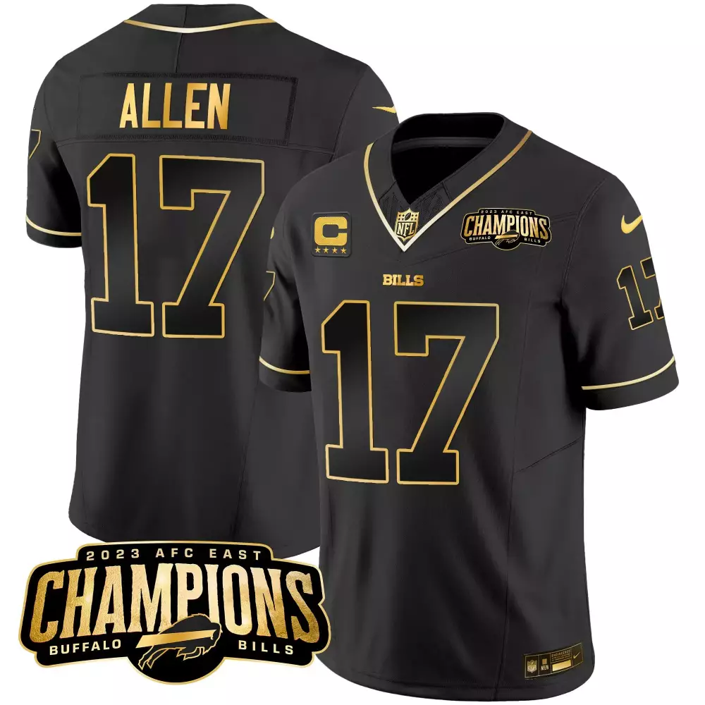 josh allen black gold mens buffalo bills 2023 afc east champions patch gold vapor jersey all stitched