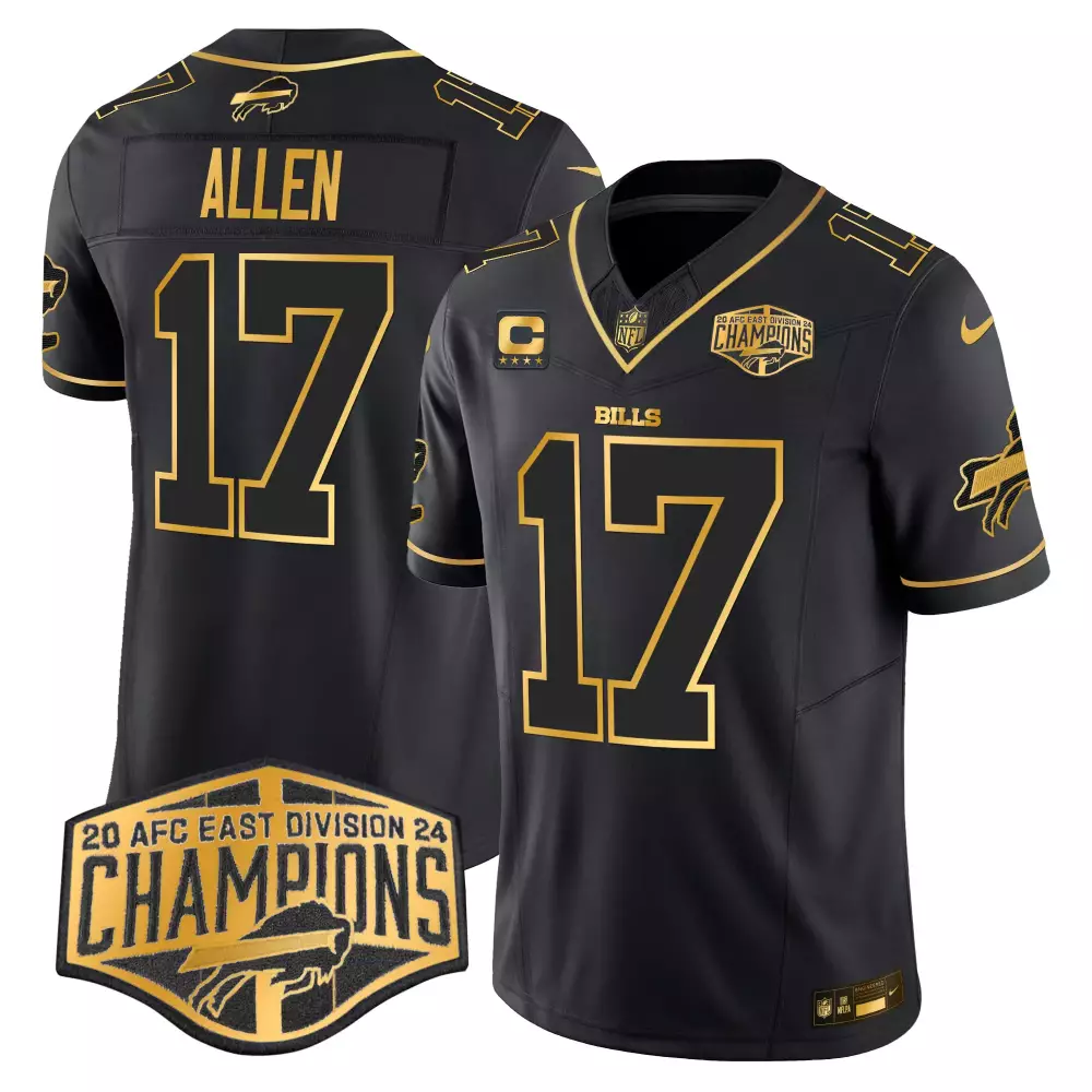 josh allen black gold mens buffalo bills 2023 afc east champions patch gold vapor jersey all stitched