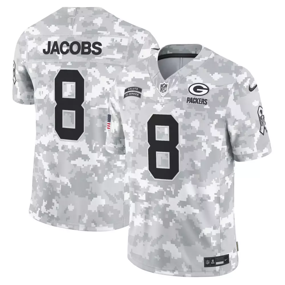 Josh Jacobs Arctic Camo Men's Green Bay Packers 2024 Salute to Service Vapor Limited Jersey | All Stitched Fan Gear | For Men, Women & Youth
