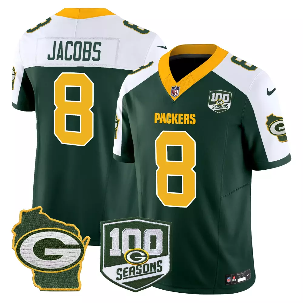 Josh Jacobs Green Bay Packers 100th Season Home Patch Jersey | Green Alternate Vapor Limited Edition | For Men, Women & Youth