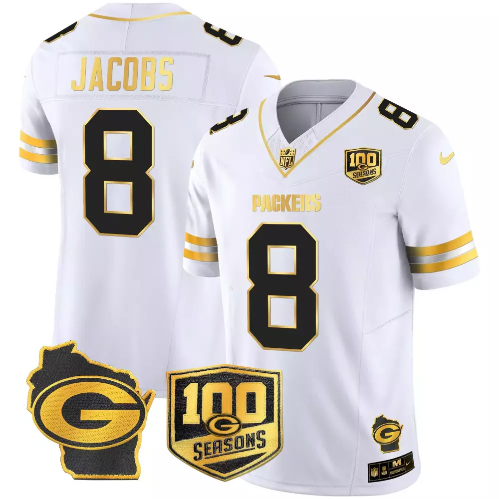 josh jacobs white gold mens green bay packers 100th season home patch gold vapor limited jersey all stitched