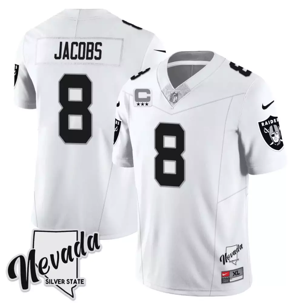 josh jacobs white mens las vegas raiders 2023 nevada silver state patch vapor jersey all stitched 1