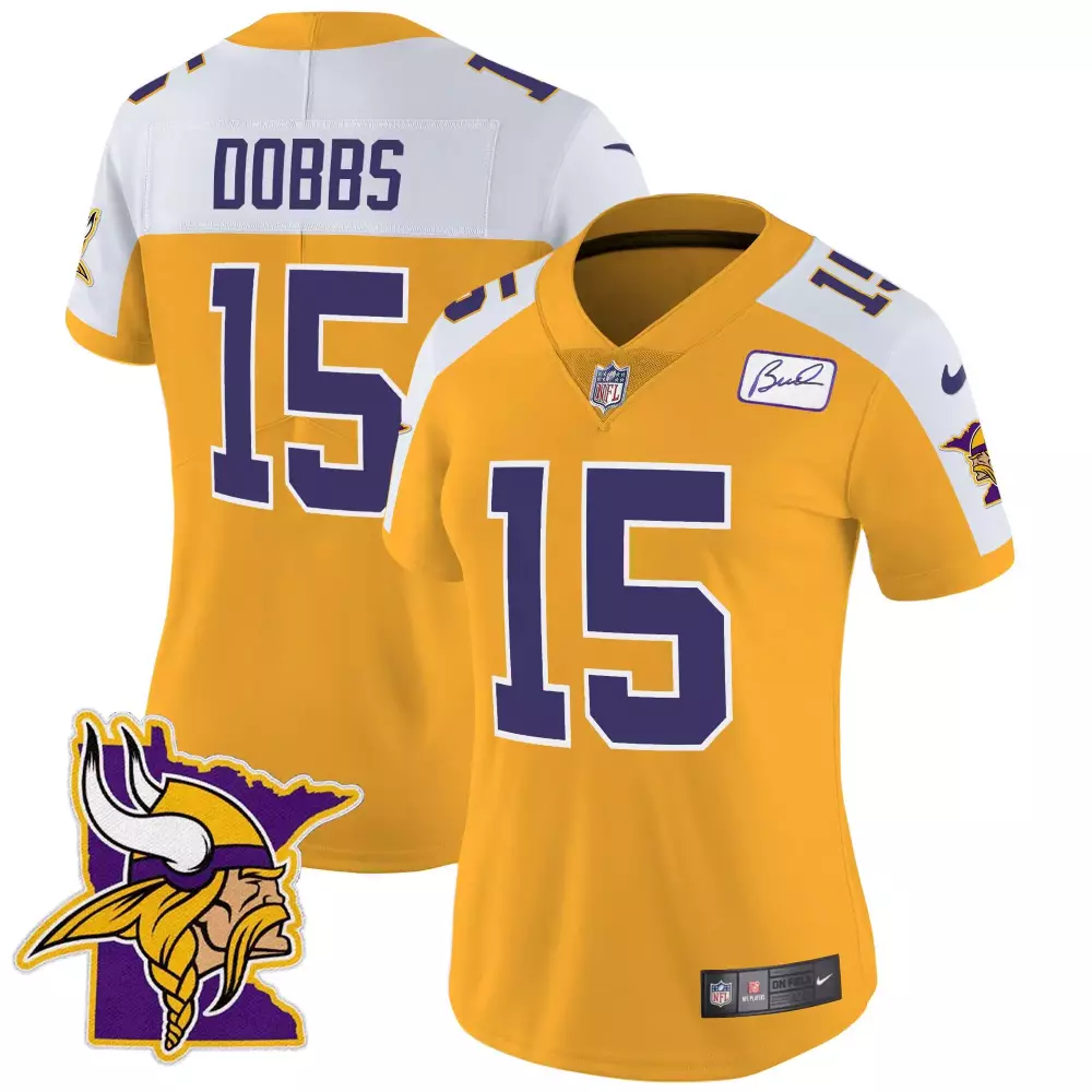 Joshua Dobbs Gold Alternate Women's Vikings Bud Grant Patch Classic Limited Jersey | All Stitched Fan Gear for Women & Youth