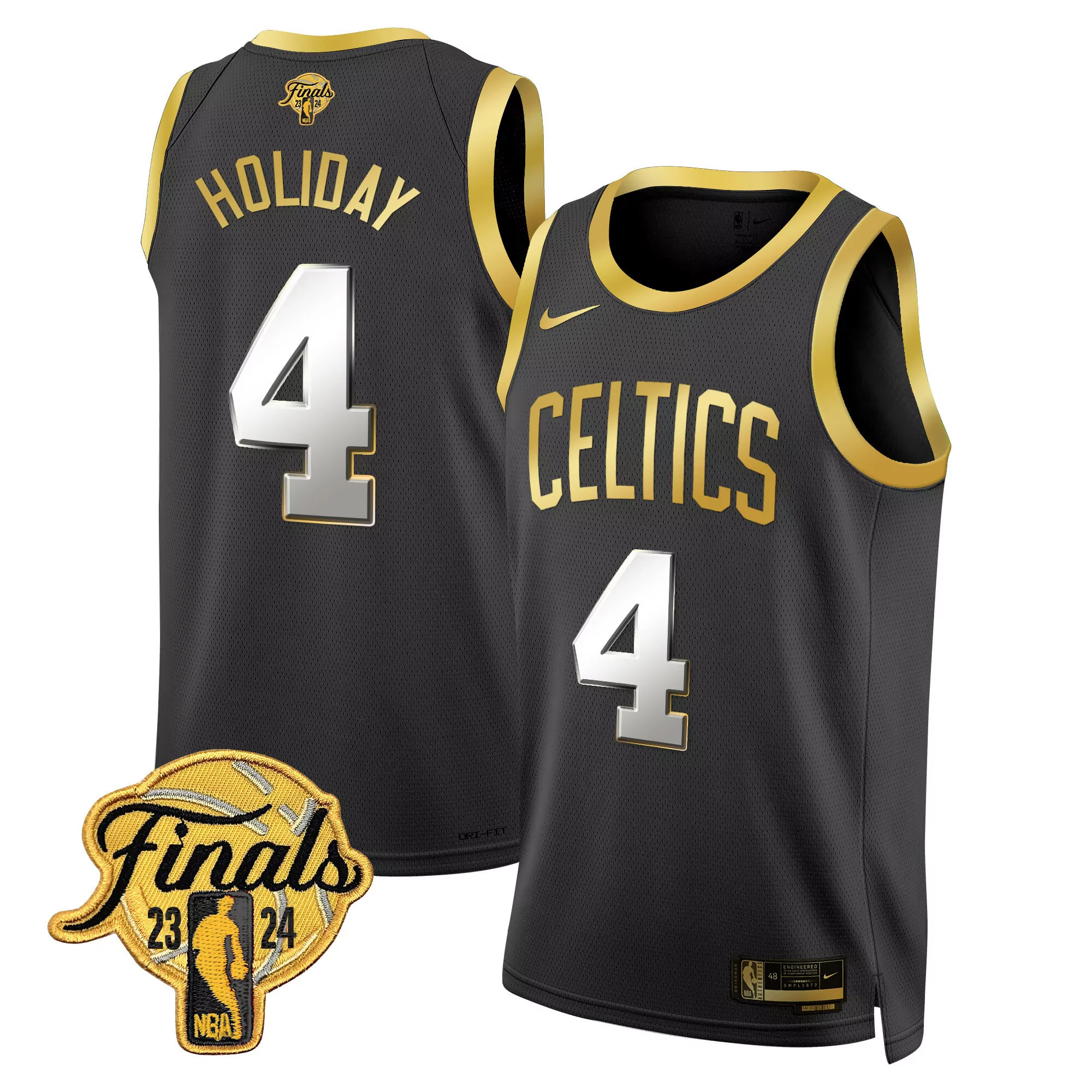 jrue holiday black gold mens boston celtics 2024 finals patch swingman jersey all stitched