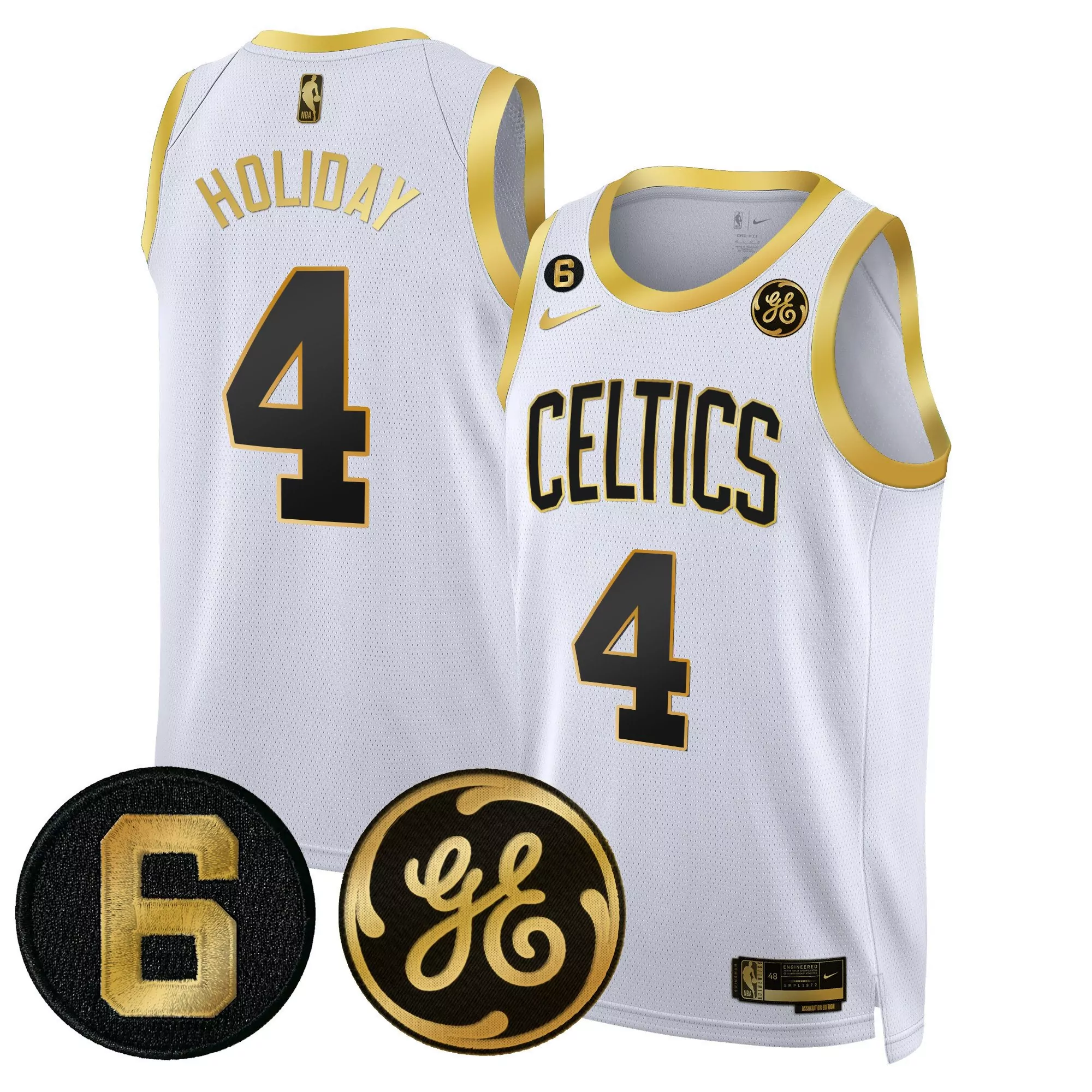 jrue holiday white gold mens boston celtics bill russell john havlicek patch jersey all stitched