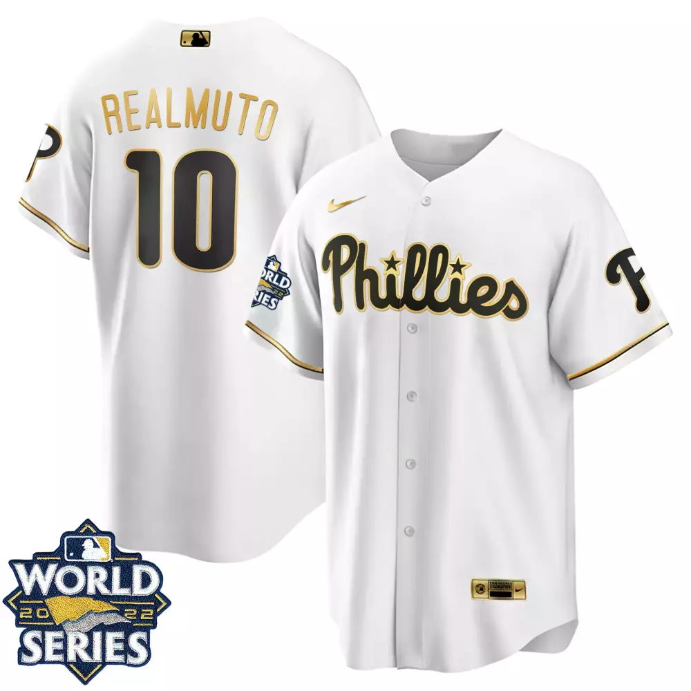 JT Realmuto Philadelphia Phillies 2022 World Series Gold Jersey | All Stitched Cool White Design for Women | Fan Gear | For Men, Women & Youth