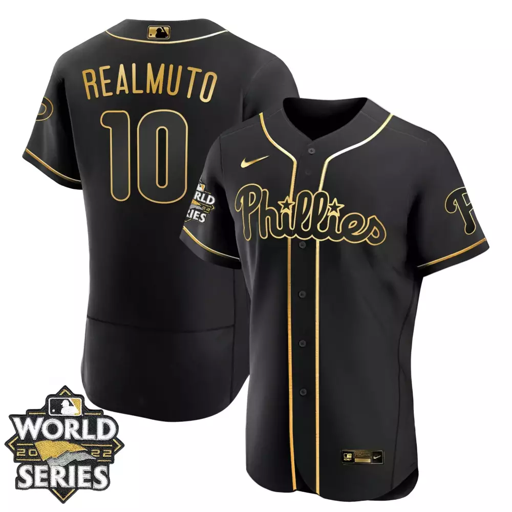 jt realmuto flex black womens philadelphia phillies gold 2022 world series jersey all stitched