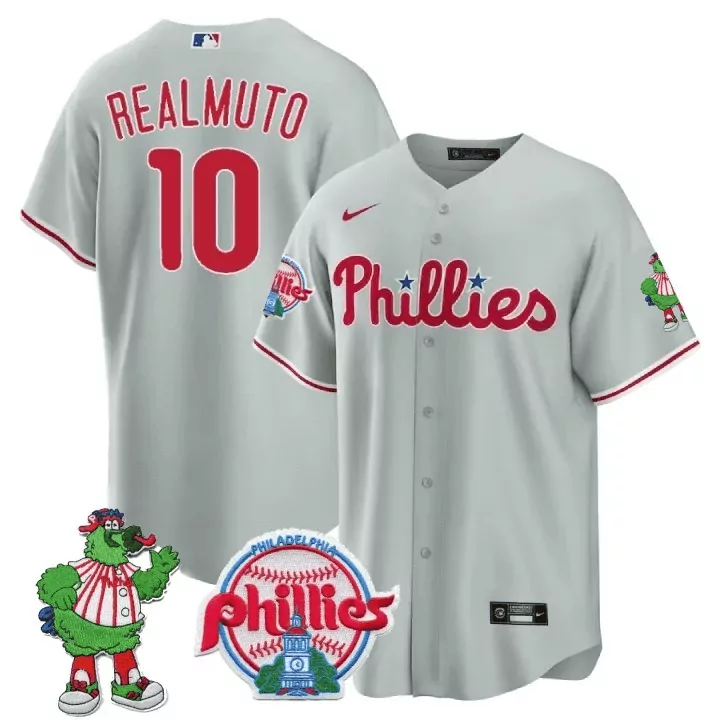 jt realmuto gray mens philadelphia phillies phillie phanatic patch cool base jersey all stitched