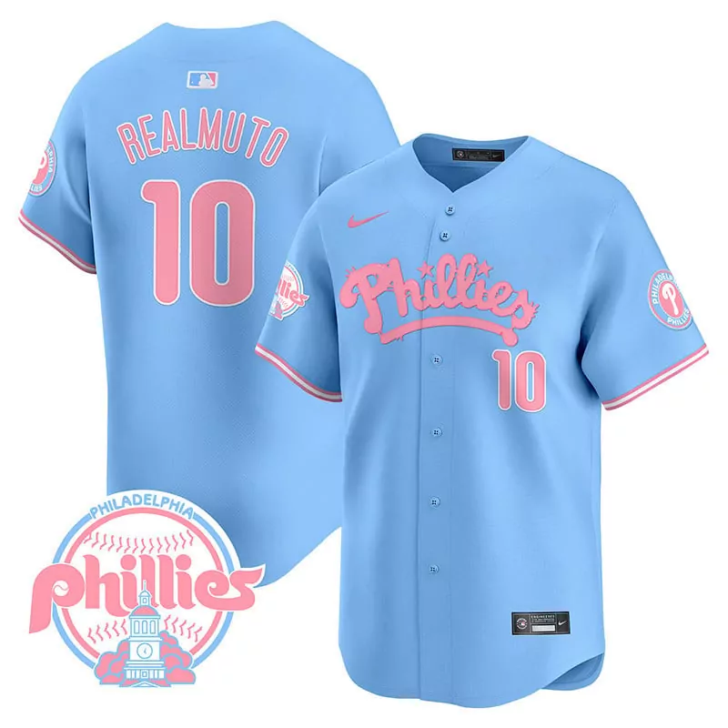 J.T. Realmuto Light Blue Men's Phillies Bubblegum Pink Vapor Premier Jersey | Limited Edition Stitched Fan Gear | For Men, Women & Youth