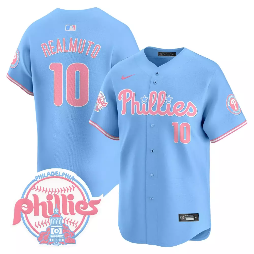 J.T. Realmuto Light Blue Unisex Phillies Bubblegum Pink Vapor Premier Jersey V2 | Limited Edition Stitched Fan Gear | For Men, Women & Youth